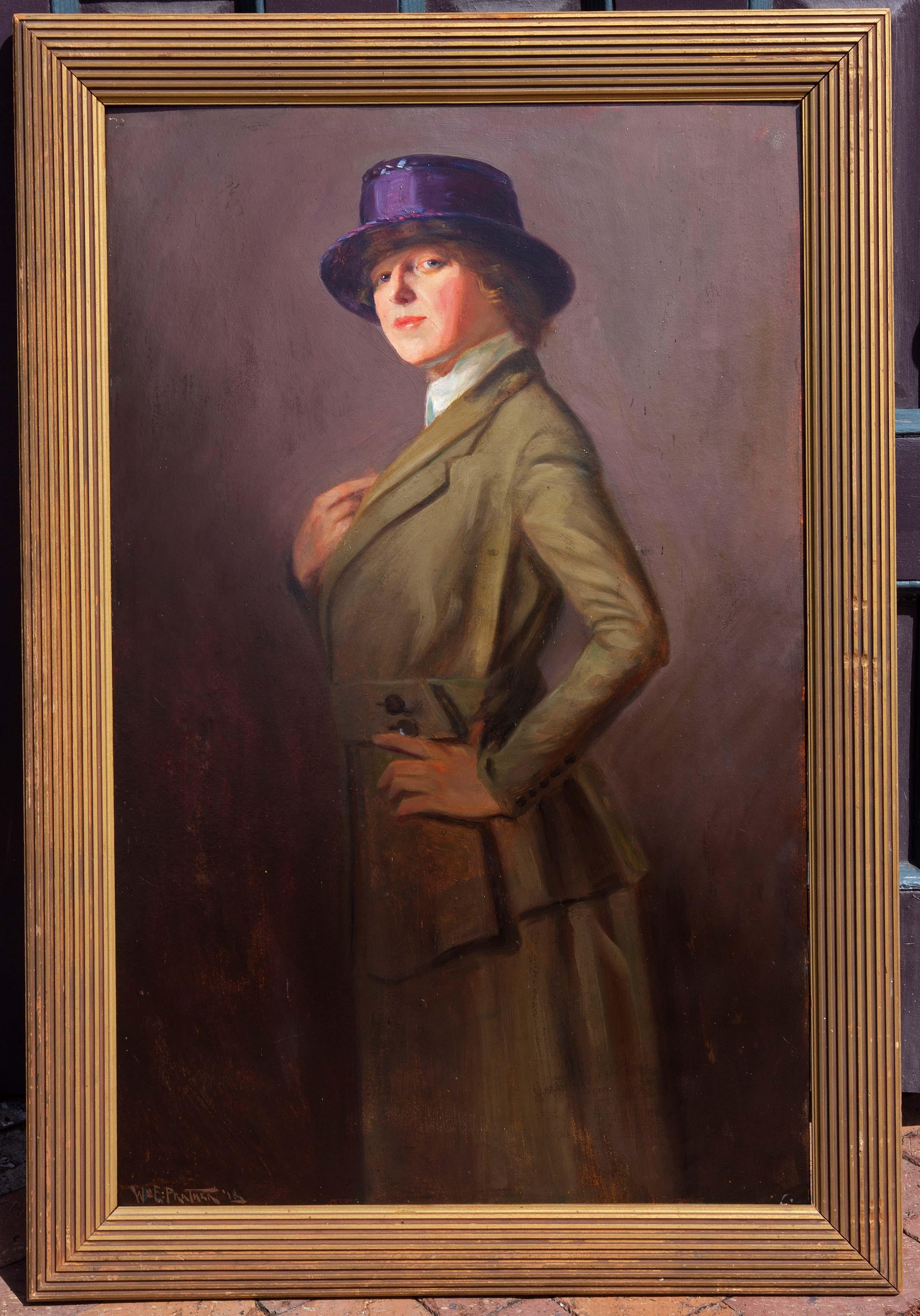 Bold portrait of a woman in riding clothes. Oil on board by American painter William E. Prather. Signed and dated 1918. In the original Whistler style frame. Please, contact us for shipping options.

Biography from the Archives of askART

This