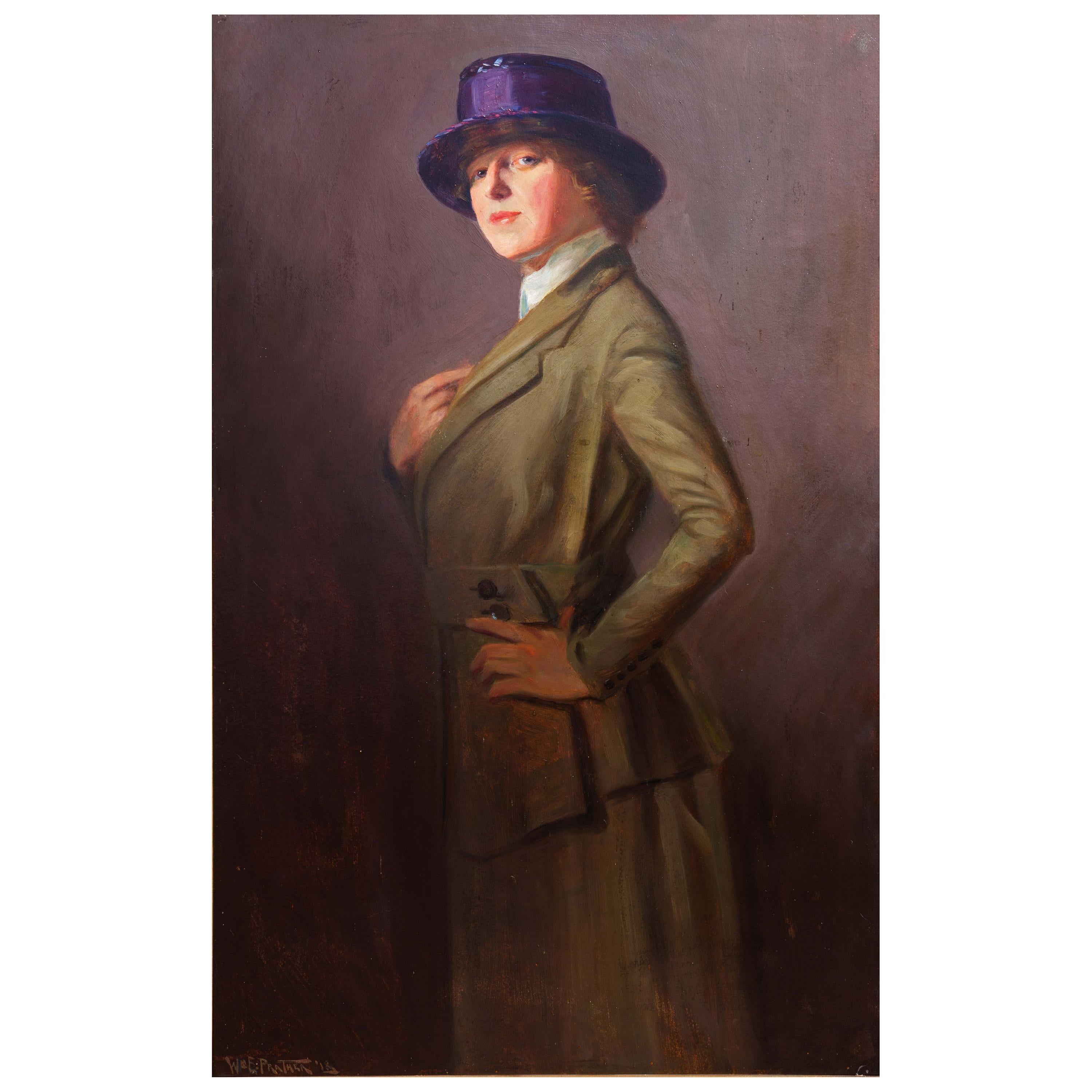 Ashcan School Painting "Lady in a Violet Hat" by W.E. Prather Dated 1918