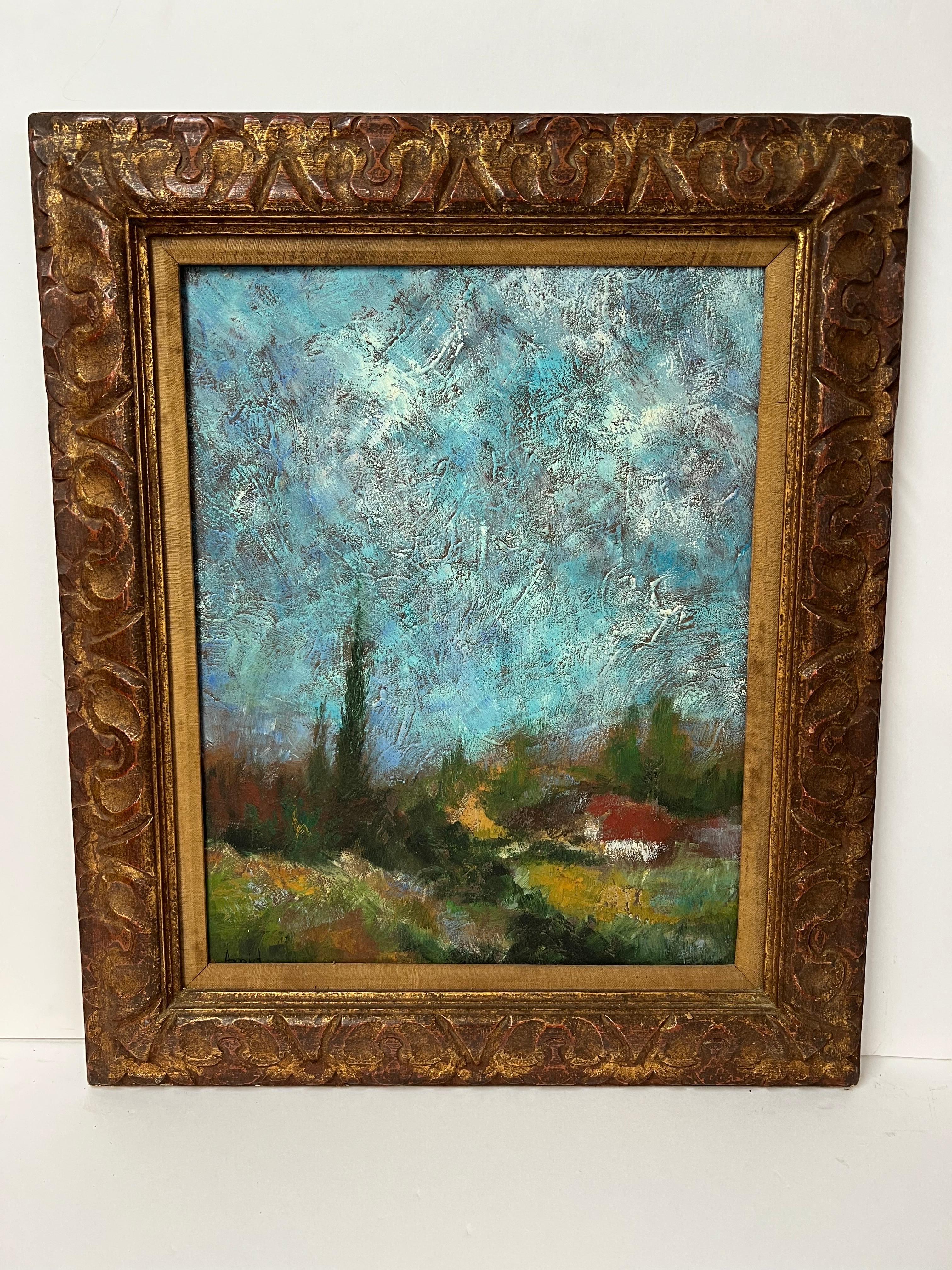 Asher Amid Impasto Öl auf Karton . Schöner vergoldeter Rahmen und dicke Impasto-Schichttechnik von Amid. Komposition von blauem Himmel mit einem Haus im Hintergrund und einem Laubbaum.