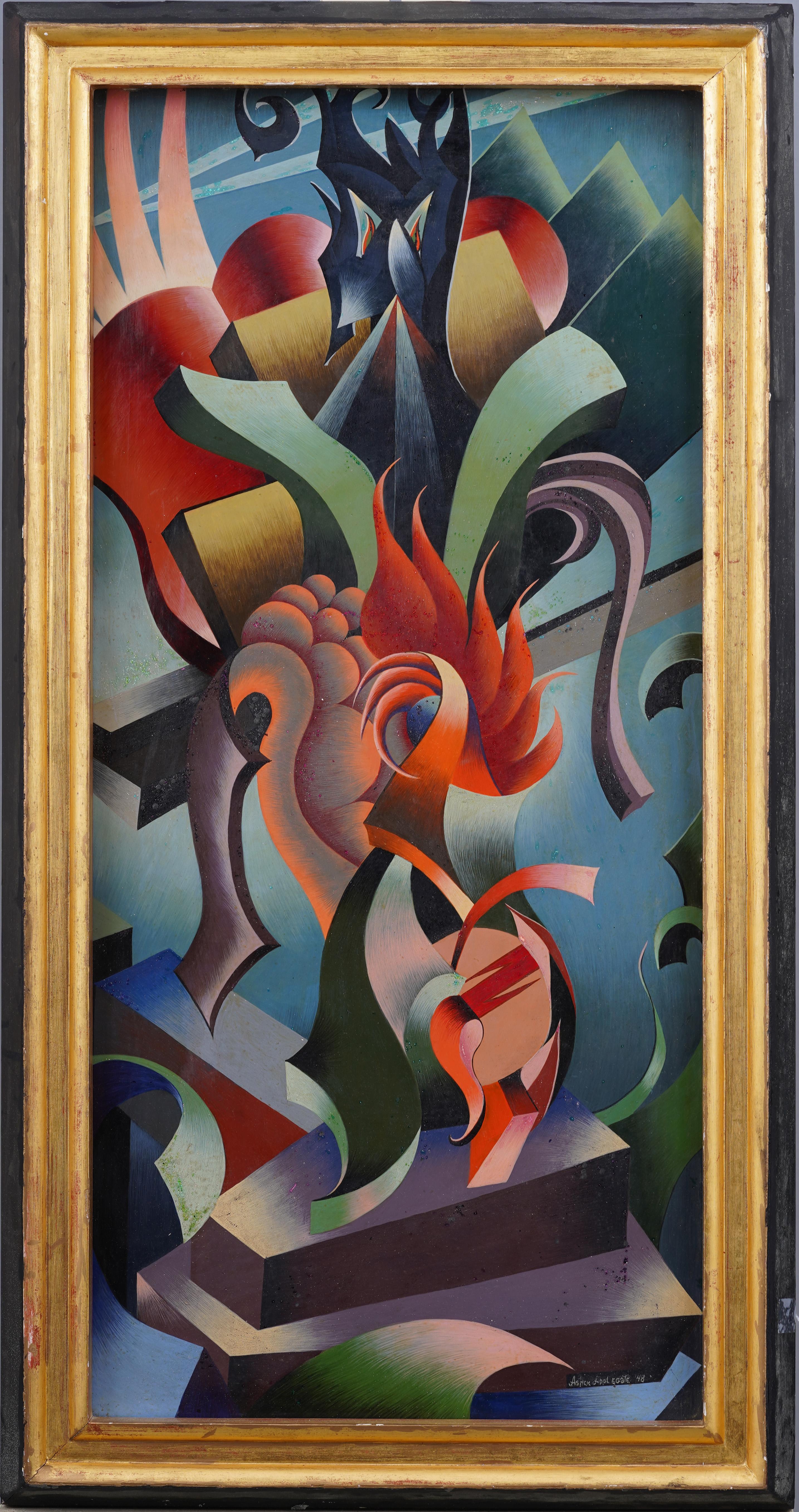 Nicely painted mid century abstract cubist oil painting by Asher Applegate.  Great color and composition.  Framed.  Signed and dated 1948.  