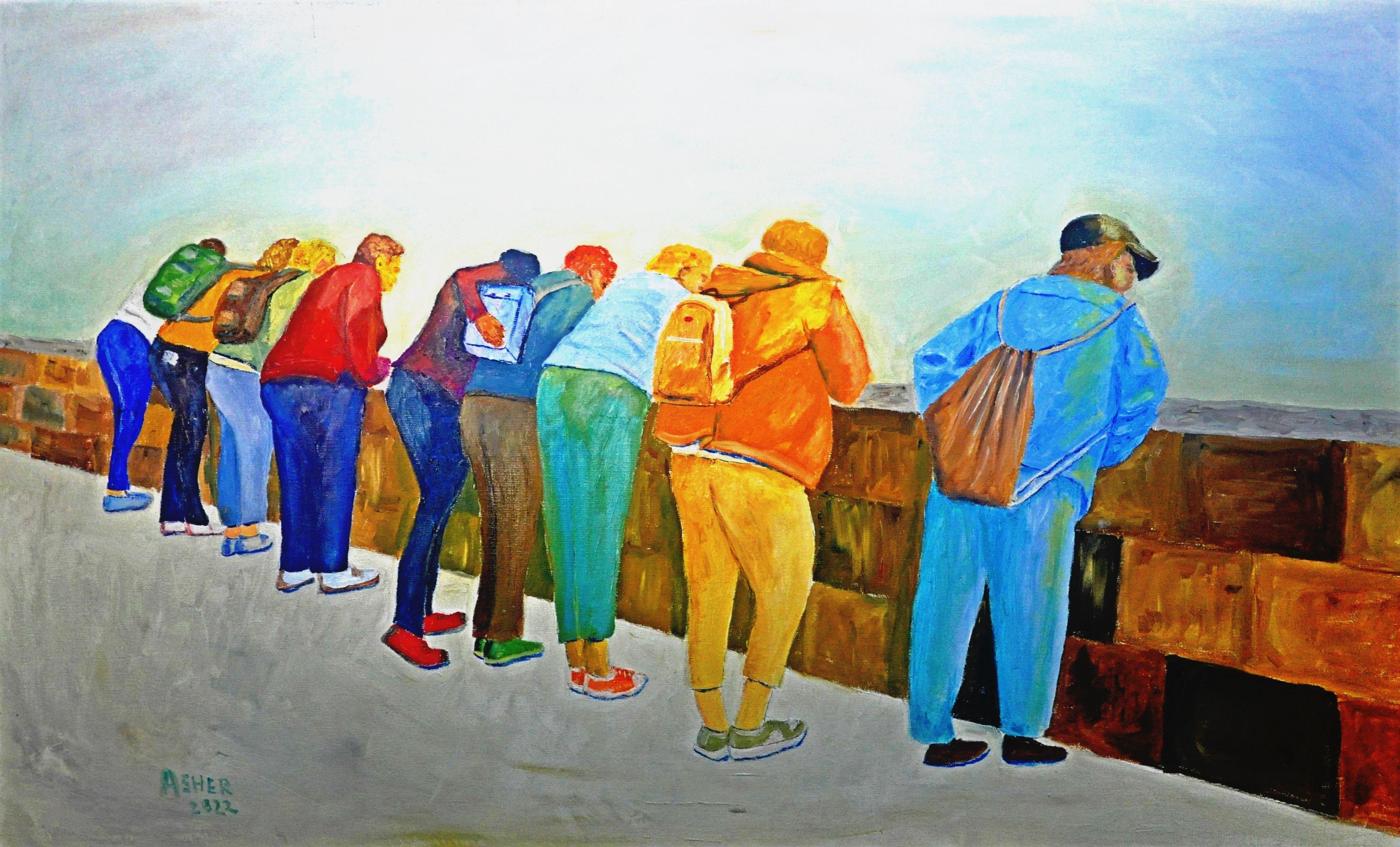 Walking in Prague on the Charles bridge we saw under the bridge a ceremony of the firefighters remembering 9/11 all those women and others were in that position looking down September 2022 :: Painting :: Expressionism :: This piece comes with an