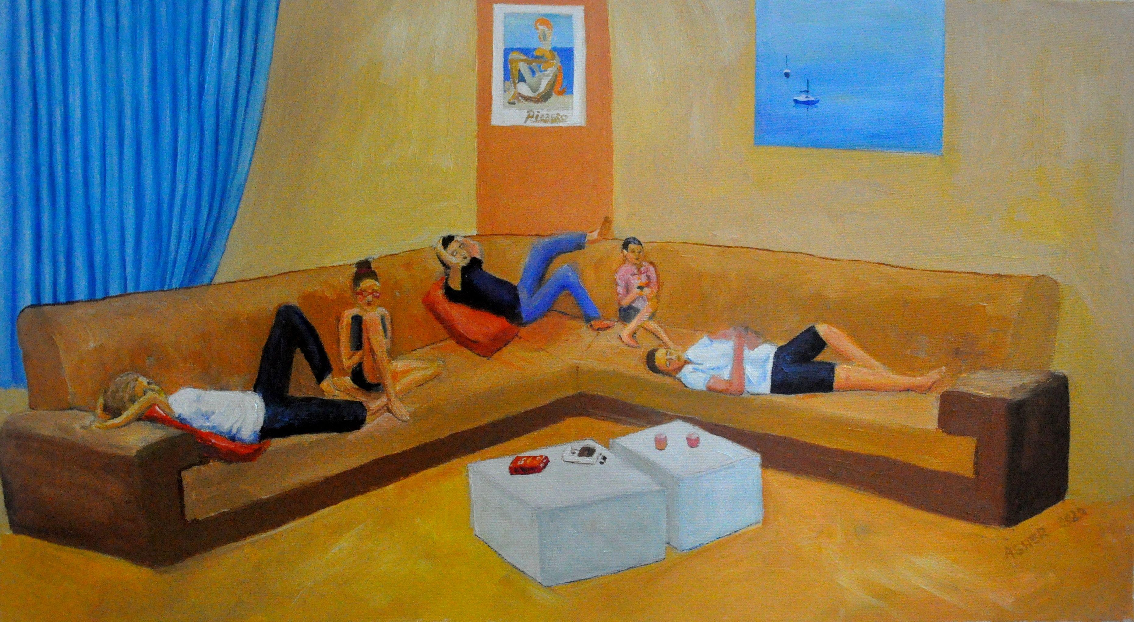 A view of my living room with the grandchildren watching television :: Painting :: Realism :: This piece comes with an official certificate of authenticity signed by the artist :: Ready to Hang: Yes :: Signed: Yes :: Signature Location: in front ::