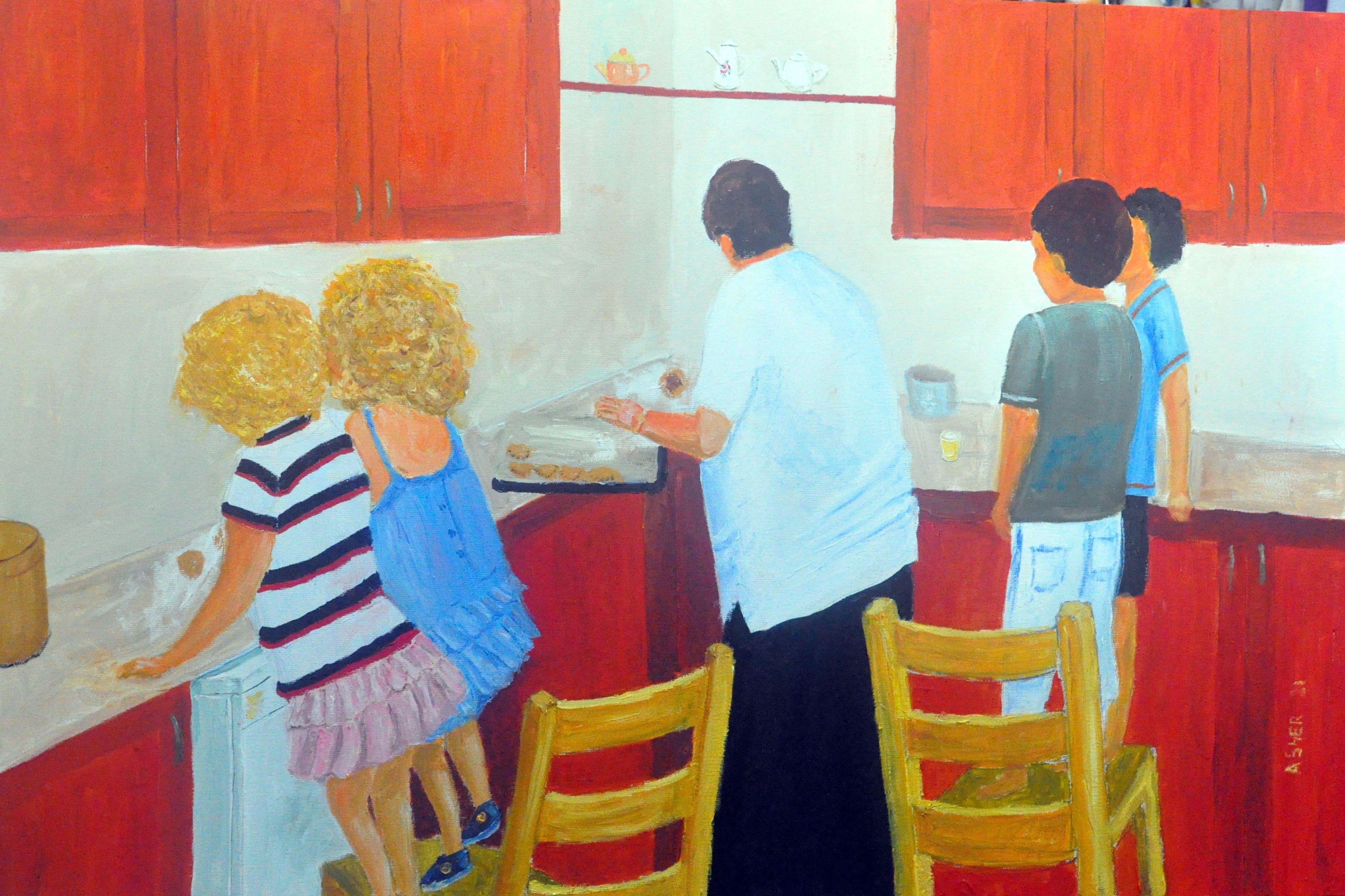 the grandmother showing the grandchildren how to make empanadas :: Painting :: Impressionist :: This piece comes with an official certificate of authenticity signed by the artist :: Ready to Hang: Yes :: Signed: Yes :: Signature Location: in front 
