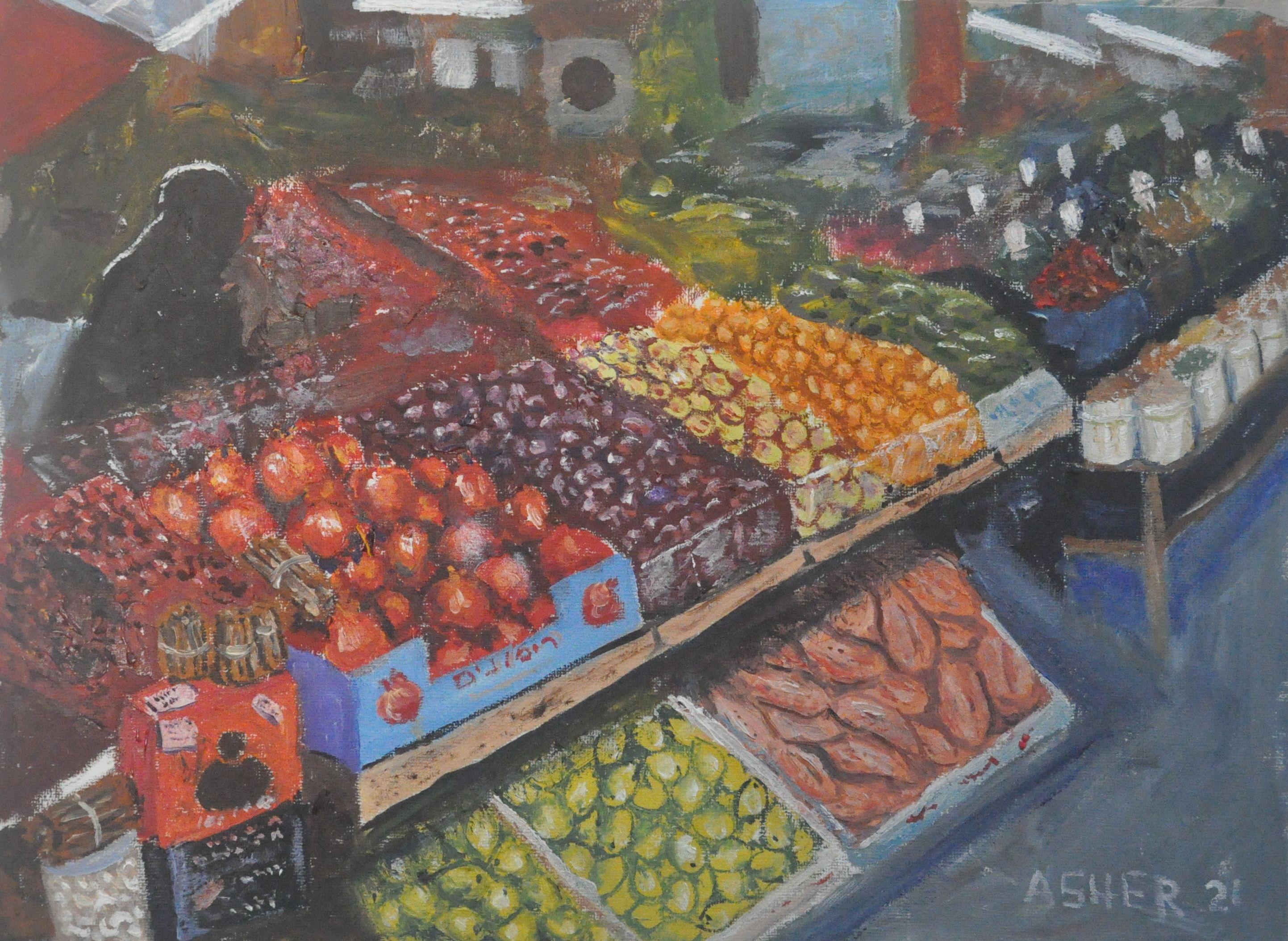 a visit to the market and its colors, full of products, noises and aromas :: Painting :: Realism :: This piece comes with an official certificate of authenticity signed by the artist :: Ready to Hang: No :: Signed: Yes :: Signature Location: in