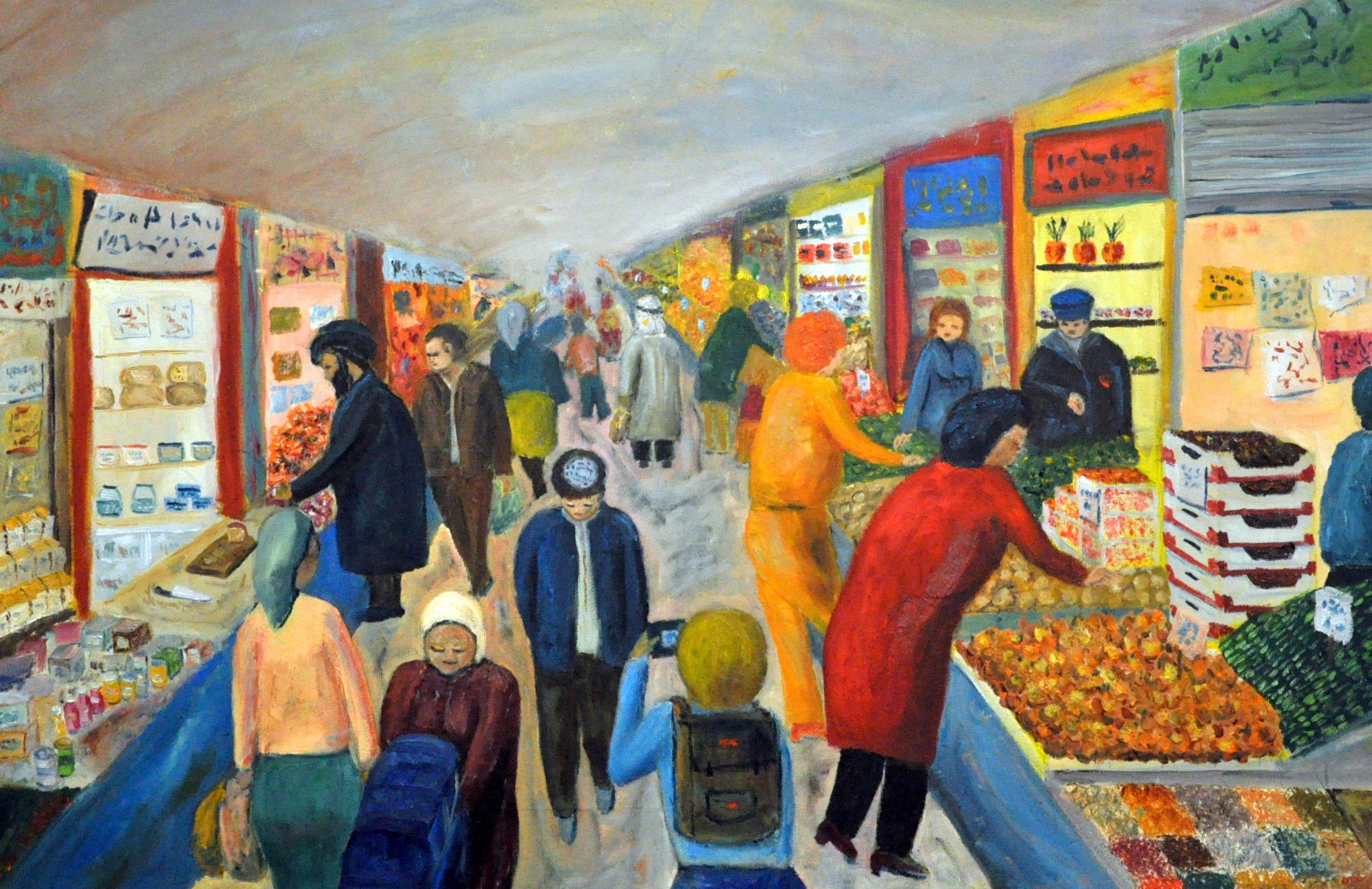 a typical view of a market in Jerusalem :: Painting :: Contemporary :: This piece comes with an official certificate of authenticity signed by the artist :: Ready to Hang: Yes :: Signed: Yes :: Signature Location: in front  :: Canvas :: Landscape ::