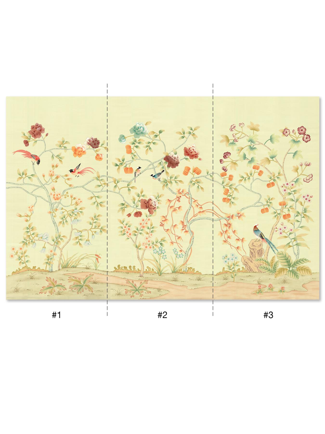 Ashford Garden is a chinoiserie mural with robust flowers and elegant tree branches populated by a mix of song birds. The mural consist of three panels made of paper-backed silk. Each panel is 3 feet wide with the top of the design reaching 5 feet