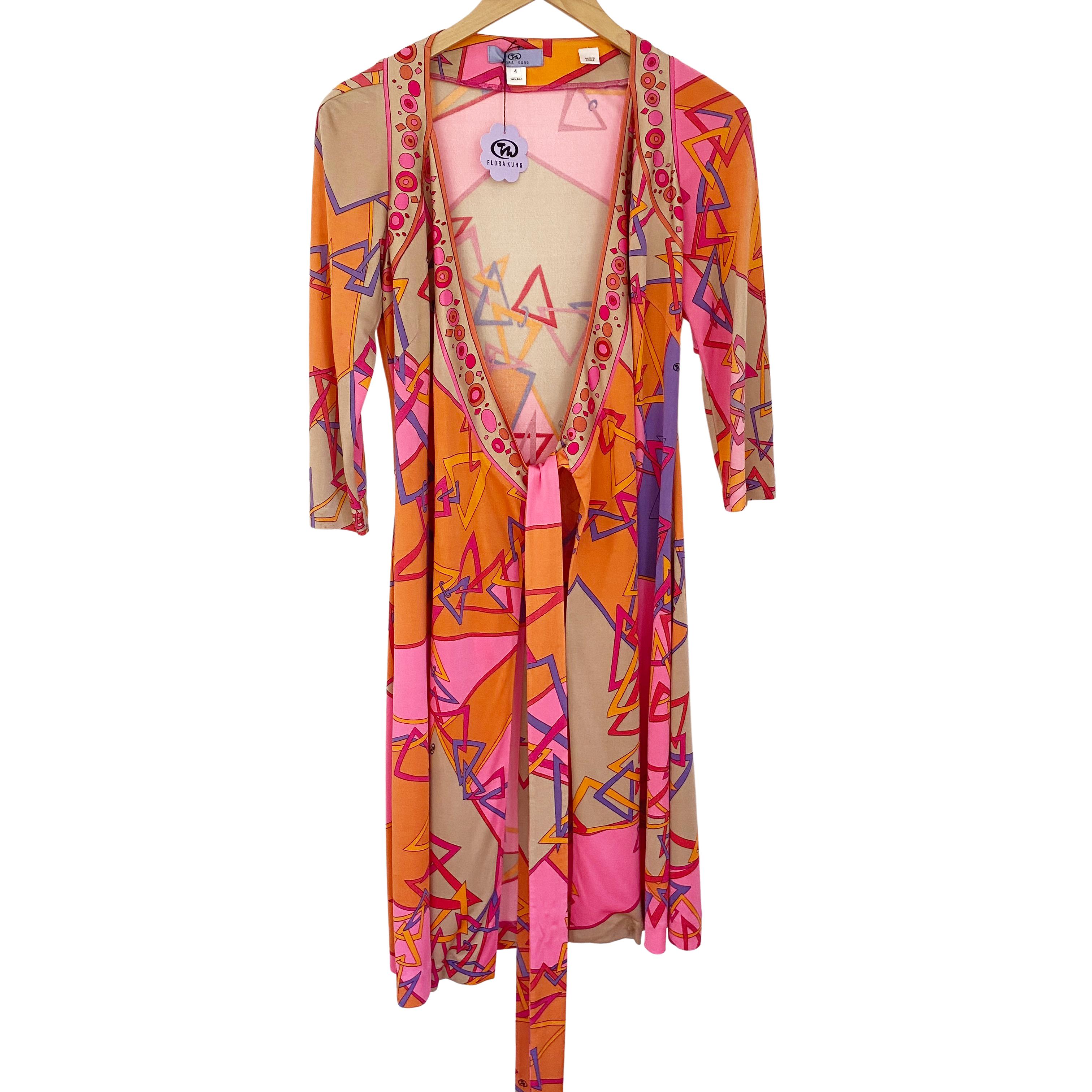 Pink Orange Mixed Fusion Print FLORA KUN Silk Wrap Dress NWT In New Condition For Sale In Boston, MA