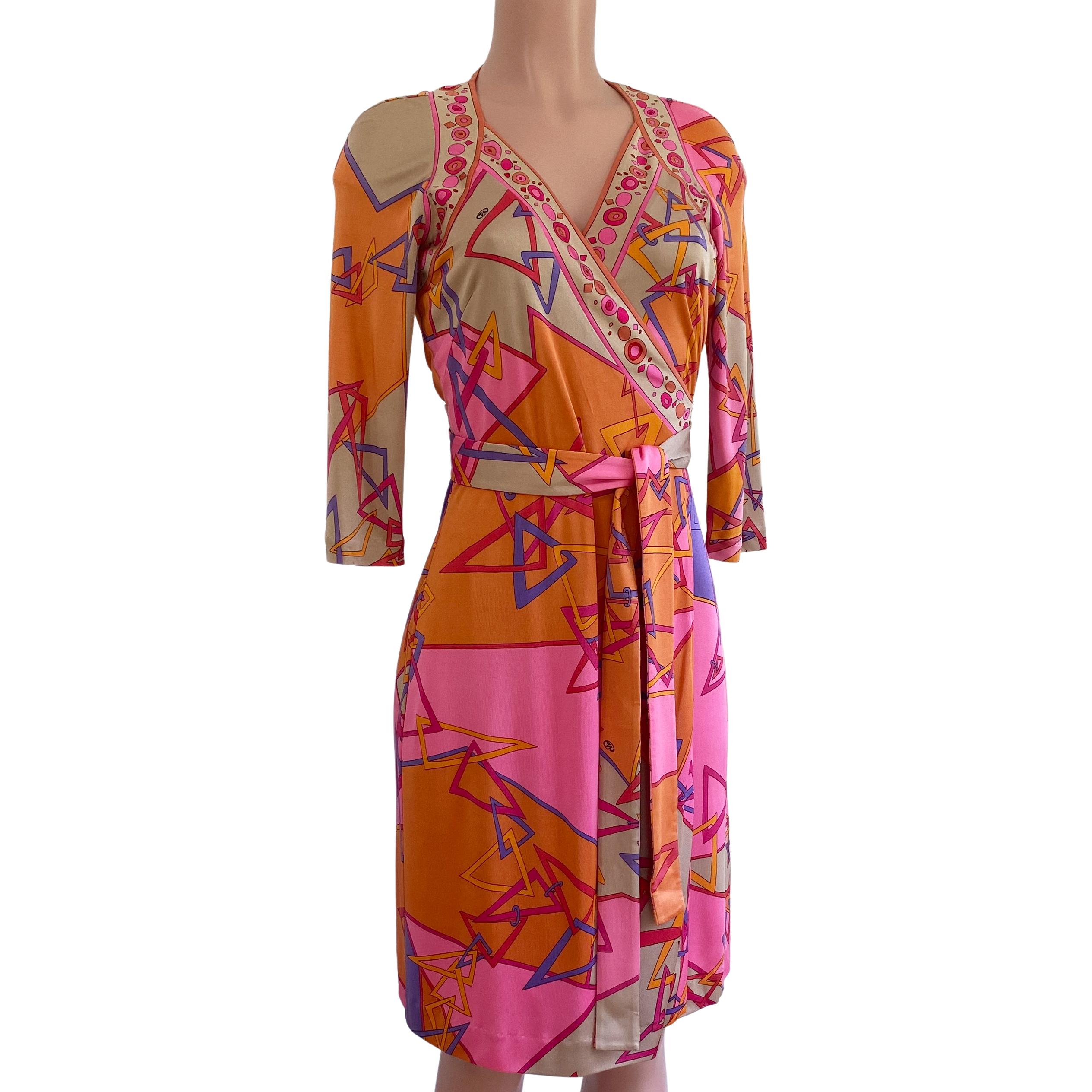 Women's Pink Orange Mixed Fusion Print FLORA KUN Silk Wrap Dress NWT For Sale