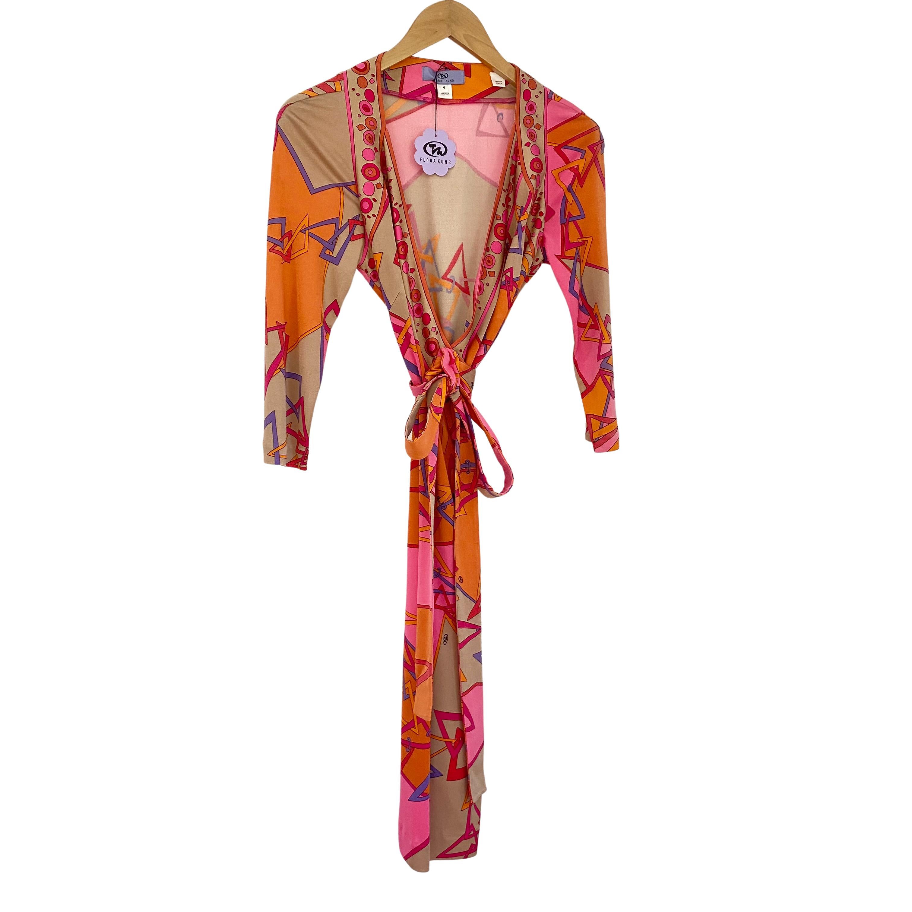 Pink Orange Mixed Fusion Print FLORA KUN Silk Wrap Dress NWT For Sale 1