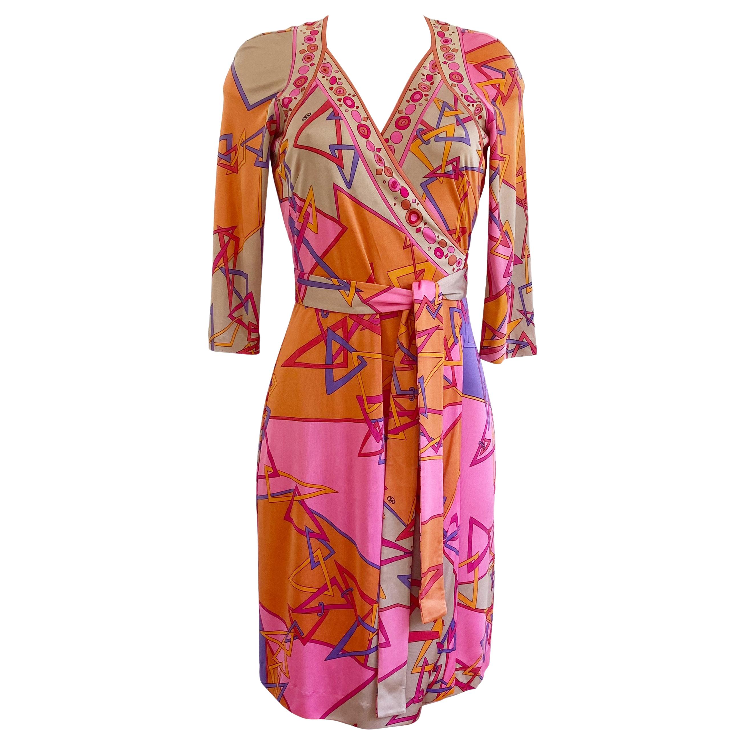 Pink Orange Mixed Fusion Print FLORA KUN Silk Wrap Dress NWT For Sale