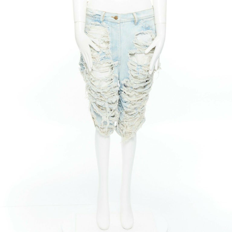 ASHISH blue denim jeans shredded distressed mid ruched natural washed  cropped M For Sale at 1stDibs