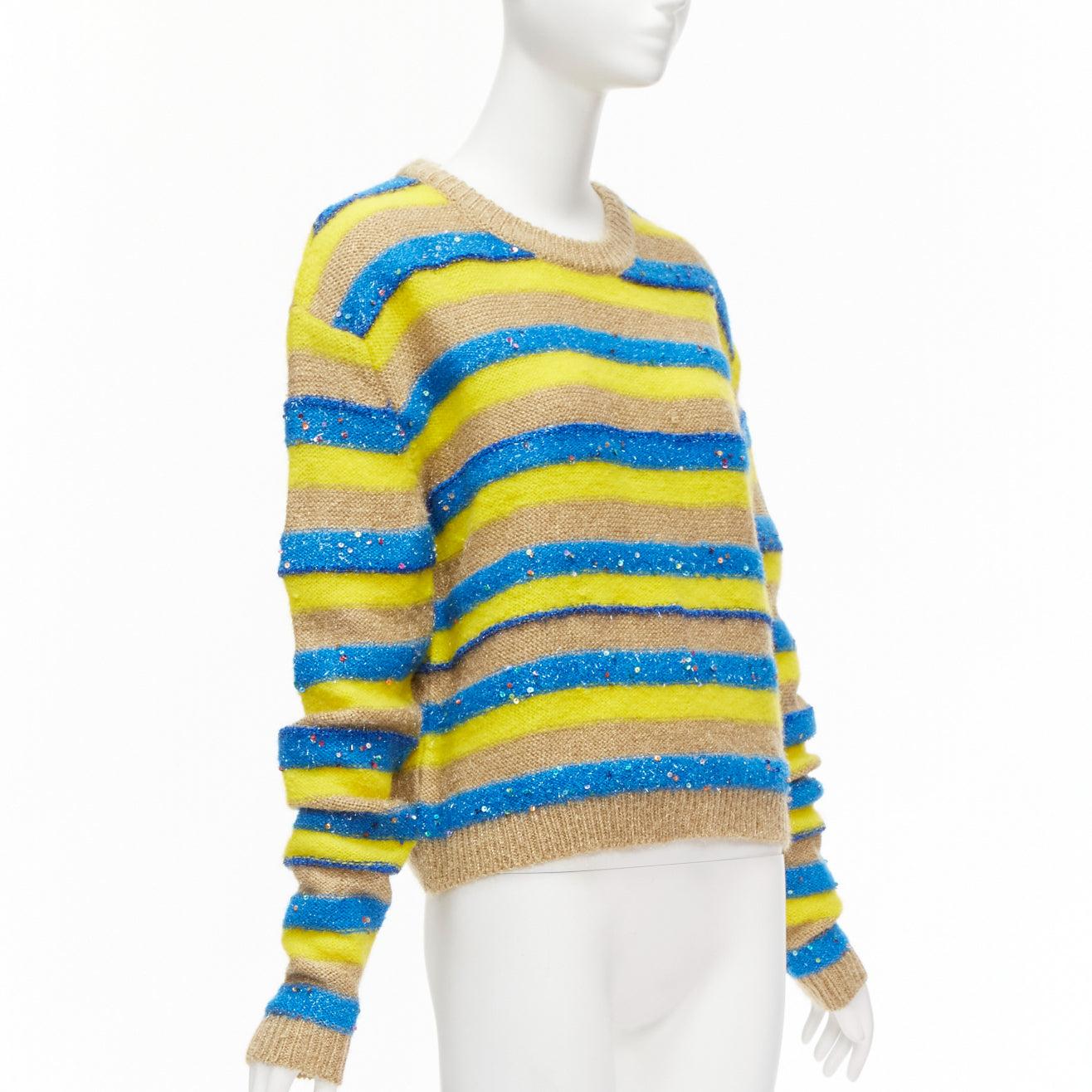 ASHISH brown yellow blue striped mixed sequins lurex knitted sweater top XS
Reference: AAWC/A00653
Brand: Ashish
Material: Mohair, Nylon, Acrylic
Color: Yellow, Blue
Pattern: Pinstriped
Extra Details: Crew neck. Mixed sequins on blue lurex stripes.