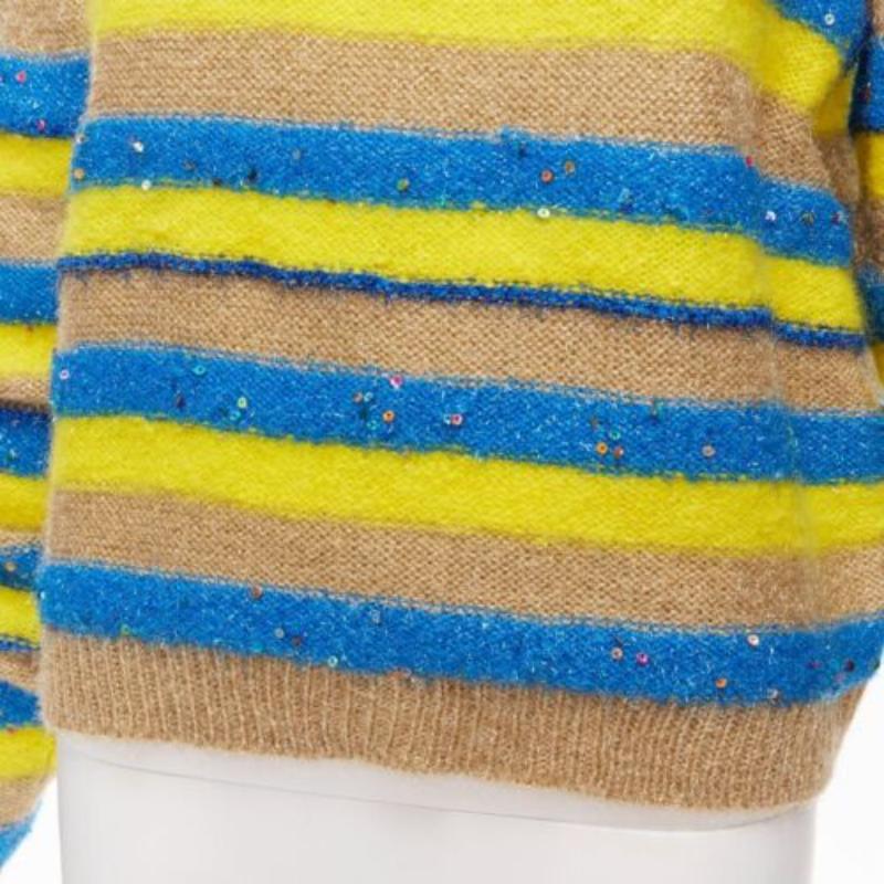 Pull-over en maille lurex à rayures mélangées et paillettes, marron, jaune et bleu, Ashish  XS
Référence : AAWC/A00653
Marque : Ashish
MATERIAL : Mohair, nylon, acrylique
Couleur : jaune, bleu
Motif : à rayures
Détails supplémentaires : Col ras du