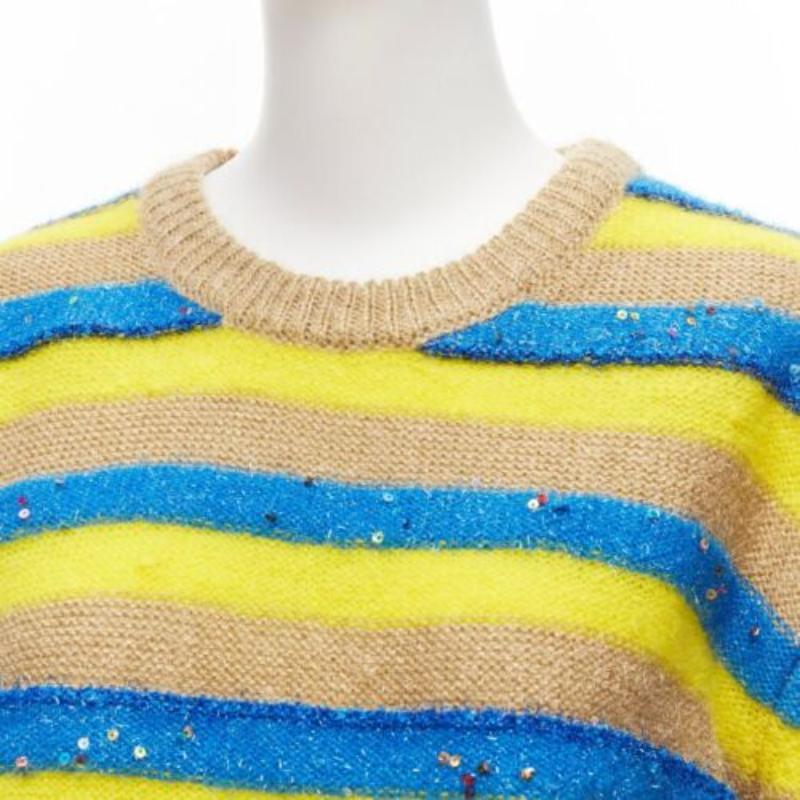 Pull-over en maille lurex à rayures mélangées et paillettes, marron, jaune et bleu, Ashish  XS en vente 2