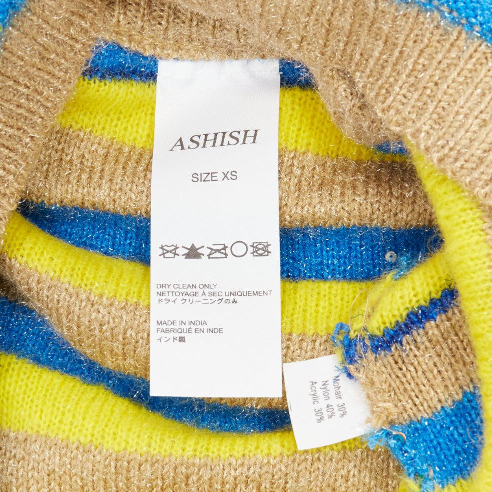 ASHISH brown yellow blue striped mixed sequins lurex knitted sweater top XS For Sale 4