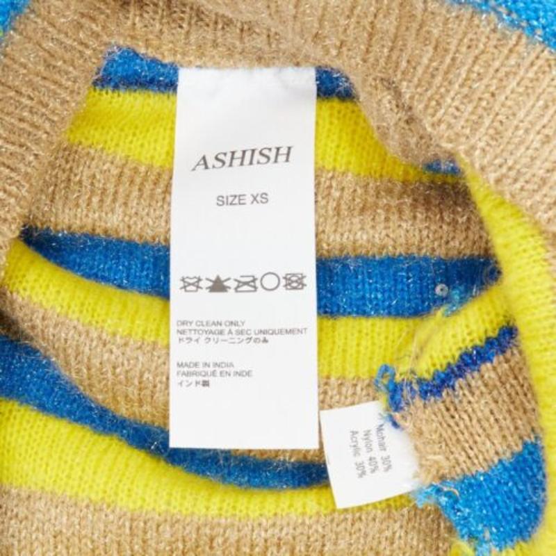 Pull-over en maille lurex à rayures mélangées et paillettes, marron, jaune et bleu, Ashish  XS en vente 3