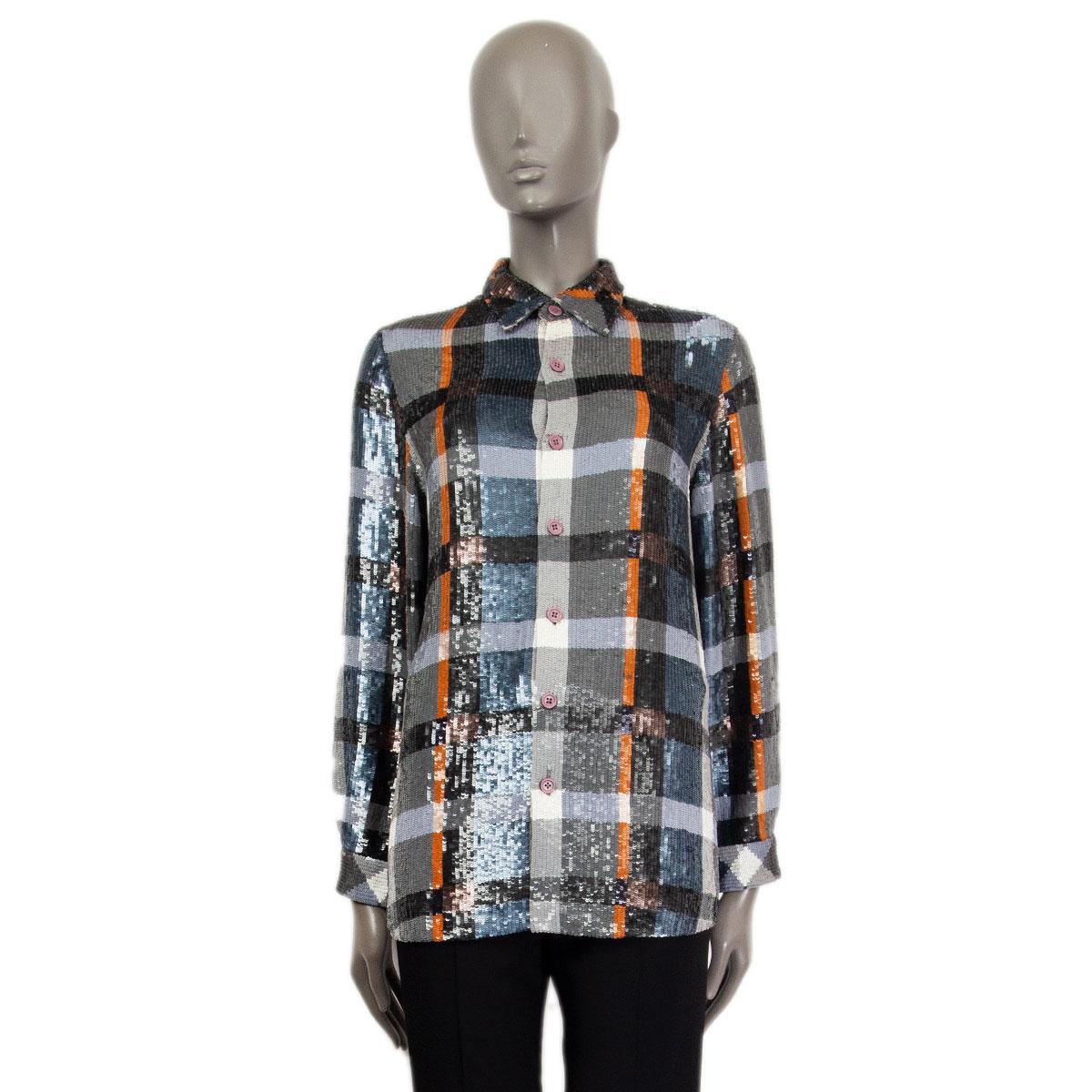 100% authentic Ashish check embellished sequins shirt in off-white, light gray, anthracite, taupe and bronze cotton (100%) botton-down with a pointy collar. Long sleeves with one button cuffs. Has been worn and is in excellent