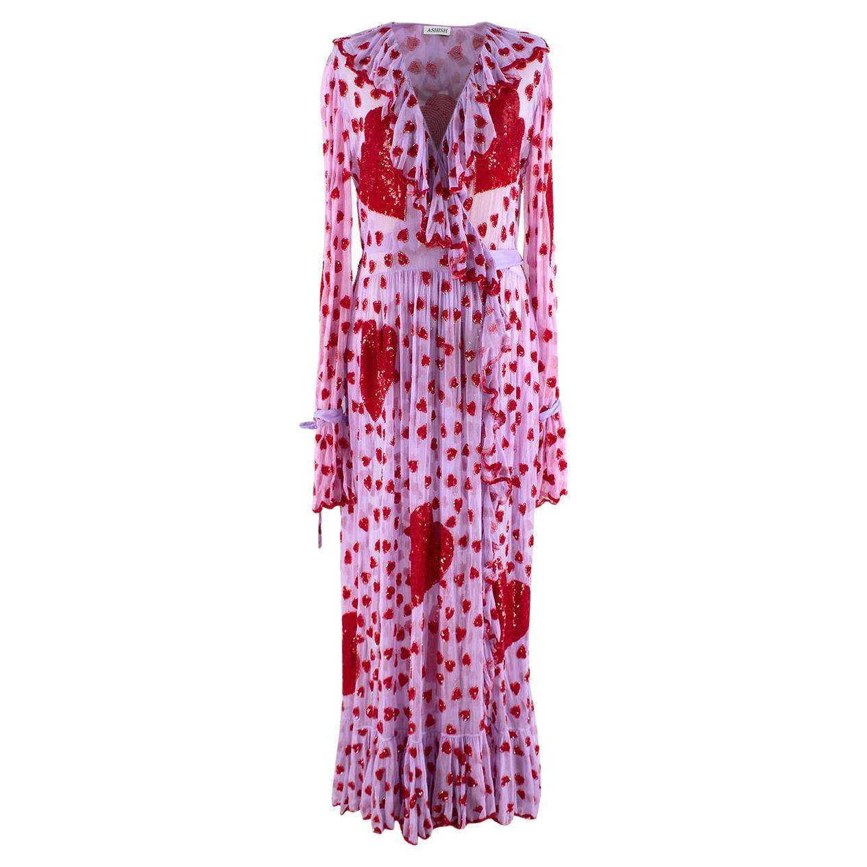 Ashish Lilac Silk Chiffon Heart Embellished Wrap Dress - US 8