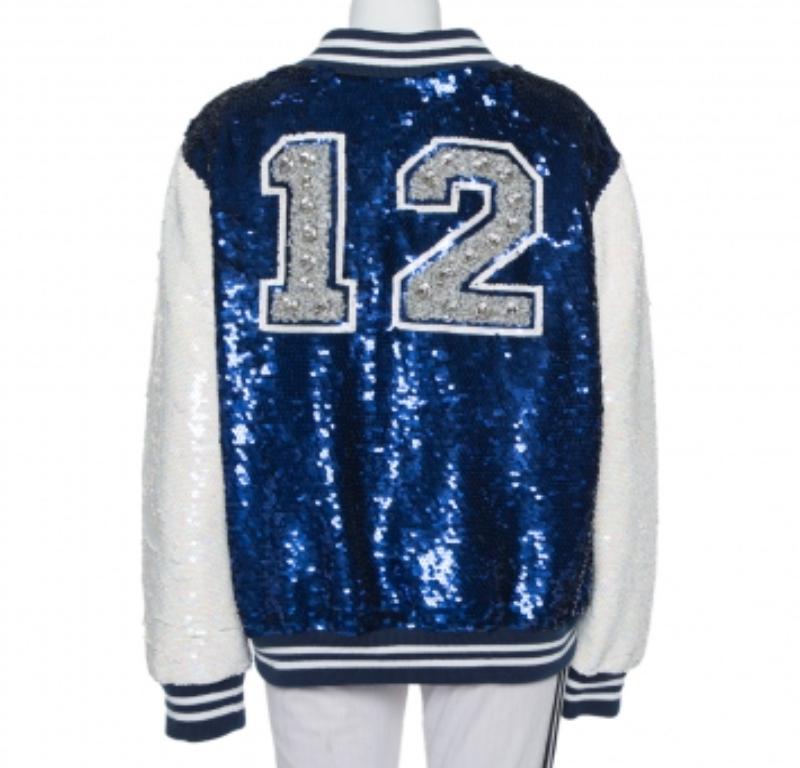 Black Ashish Navy Blue & White Sequin Embellished Button Front Jacket M For Sale