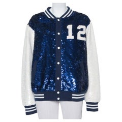Ashish Navy Blue & White Sequin Embellished Button Front Jacket M