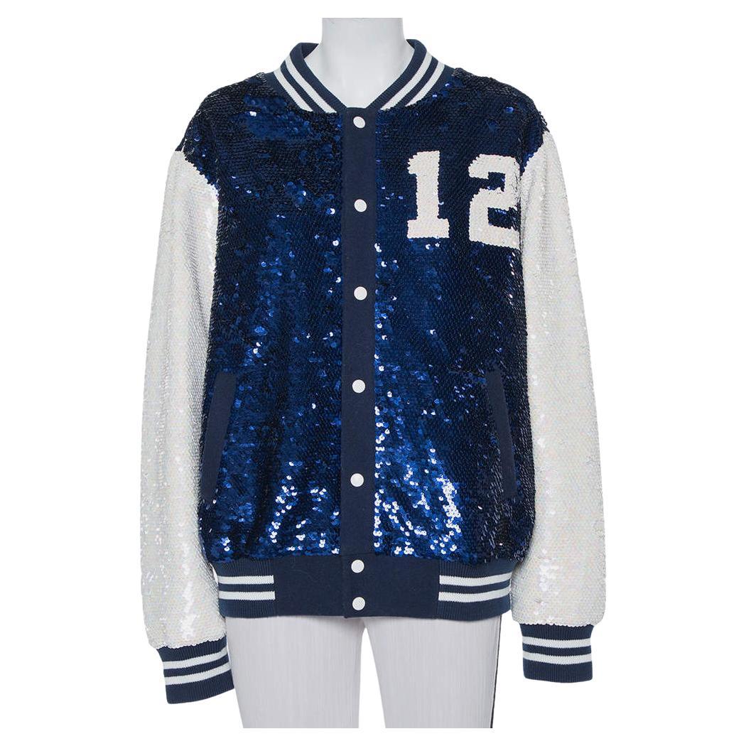 Ashish Marineblaue & weiße, paillettenbesetzte Jacke mit Knopfleiste M im Angebot