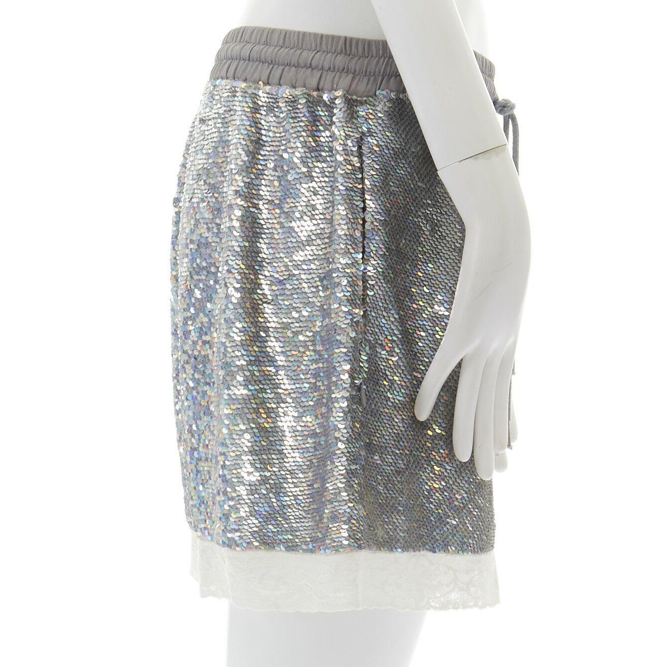 Gray ASHISH silver iridescent sequins white lace hem drawstring cotton shorts XS