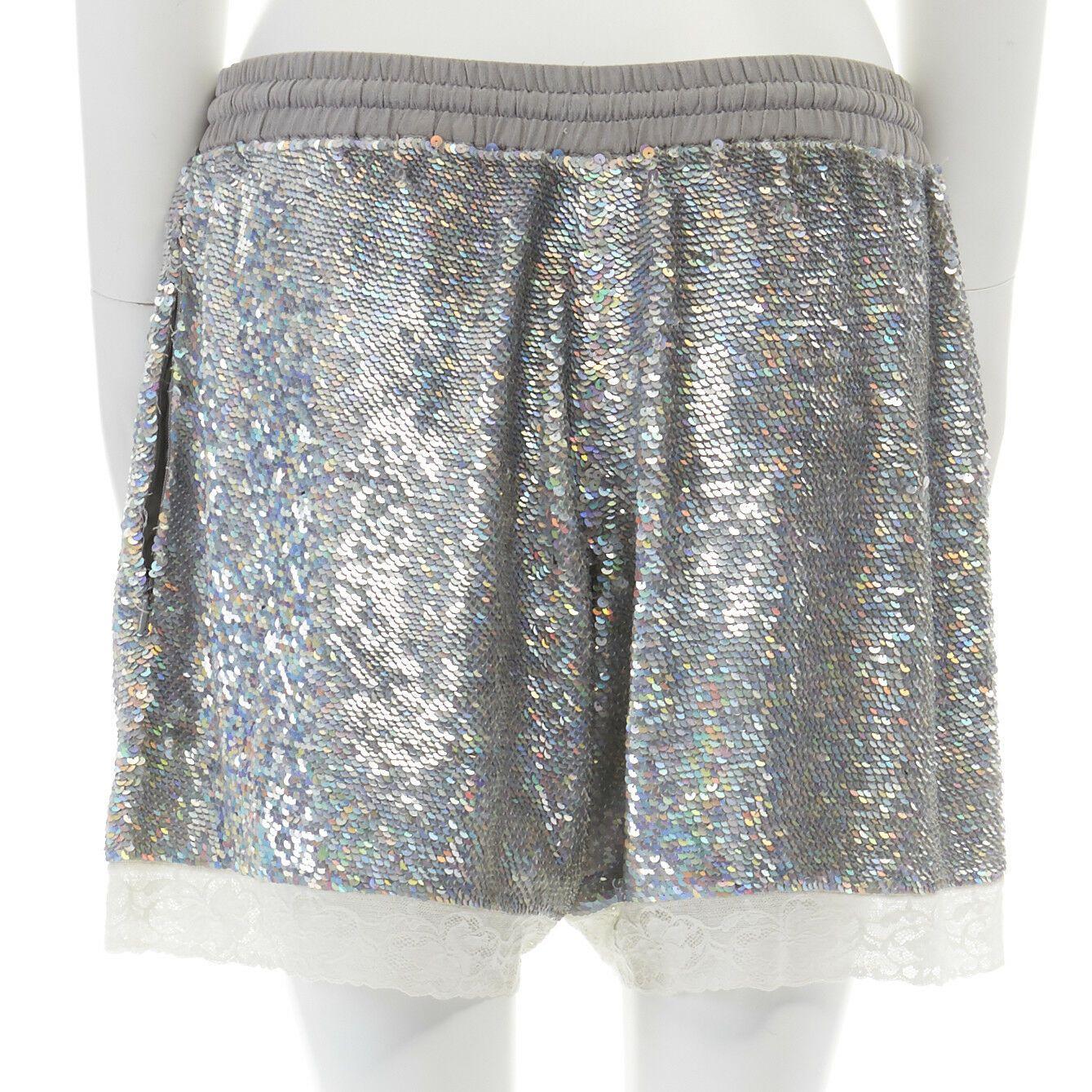 ASHISH silver iridescent sequins white lace hem drawstring cotton shorts XS In Excellent Condition In Hong Kong, NT