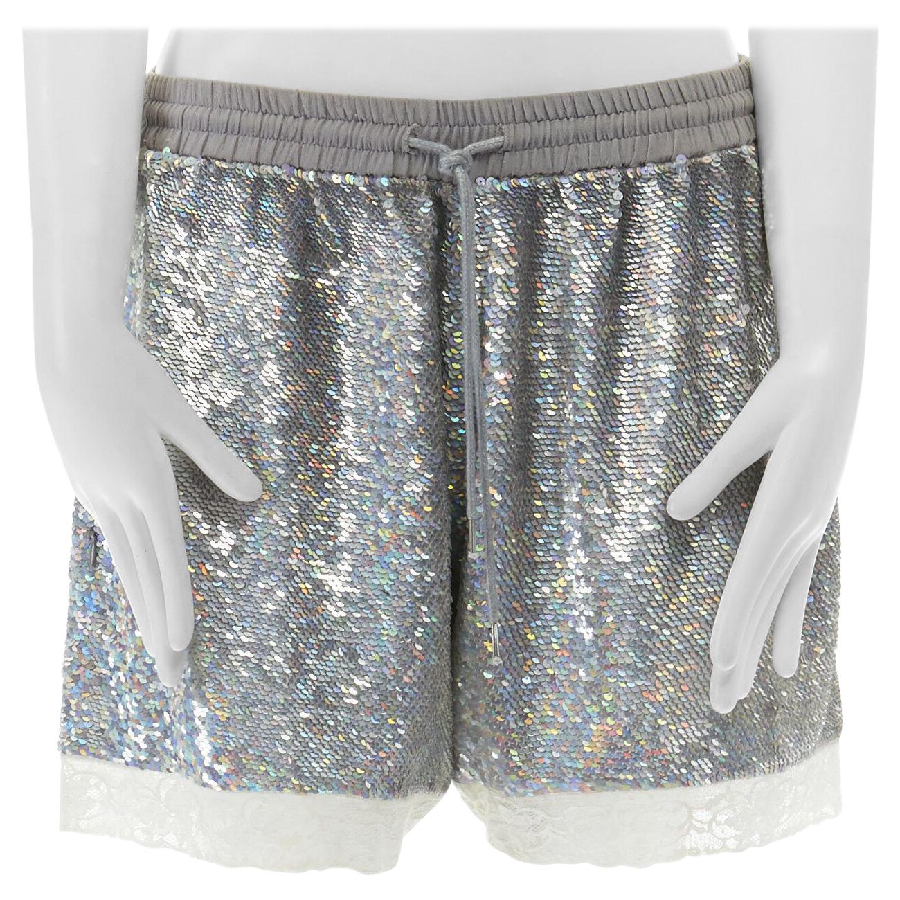 ASHISH silver iridescent sequins white lace hem drawstring cotton shorts XS