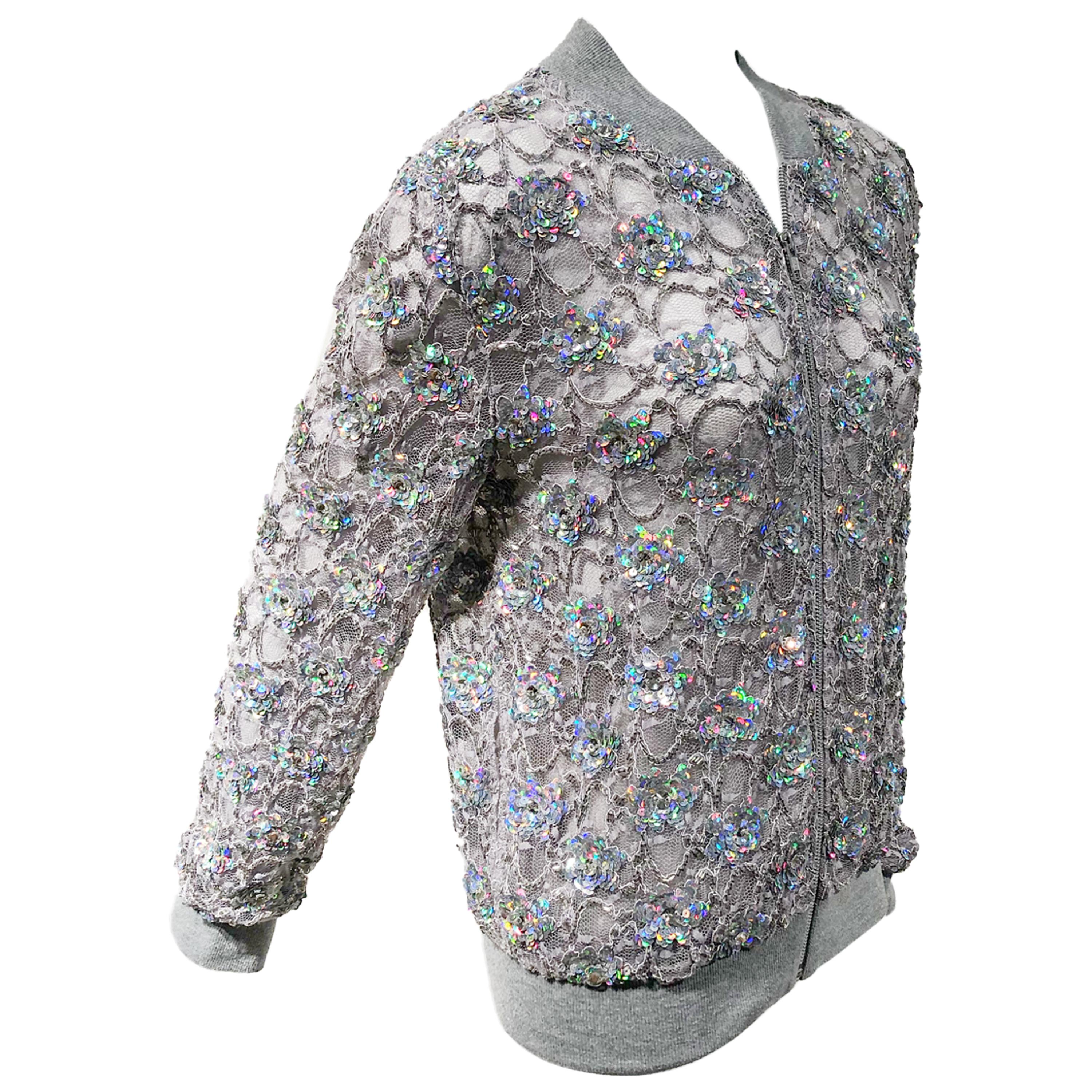 Ashish Silver Sequin Gray Lace Bomber Jacket - Never Worn