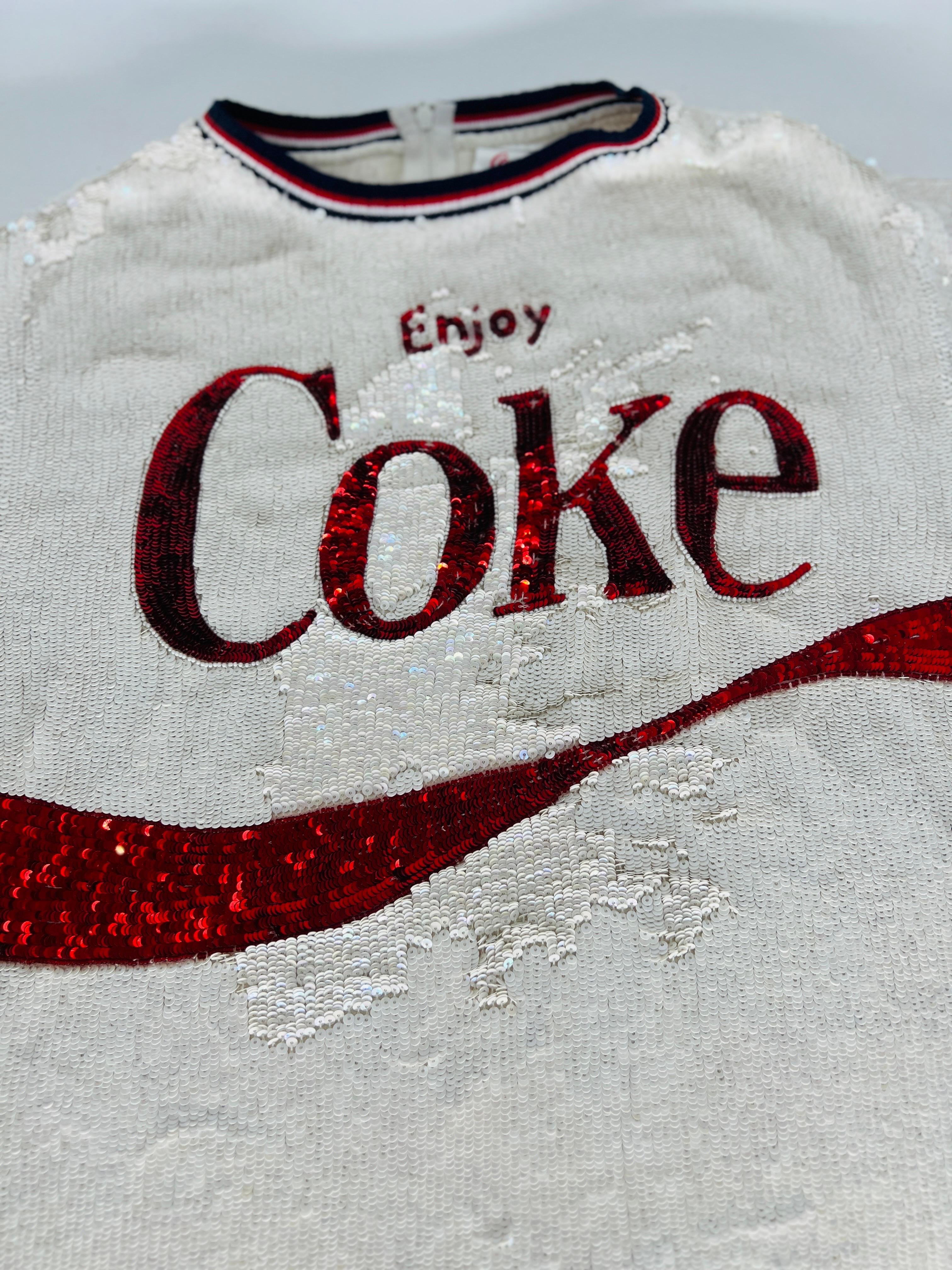 20th Century ASHISH white & red COCA COLA SEQUIN Short Sleeve Shirt M For Sale