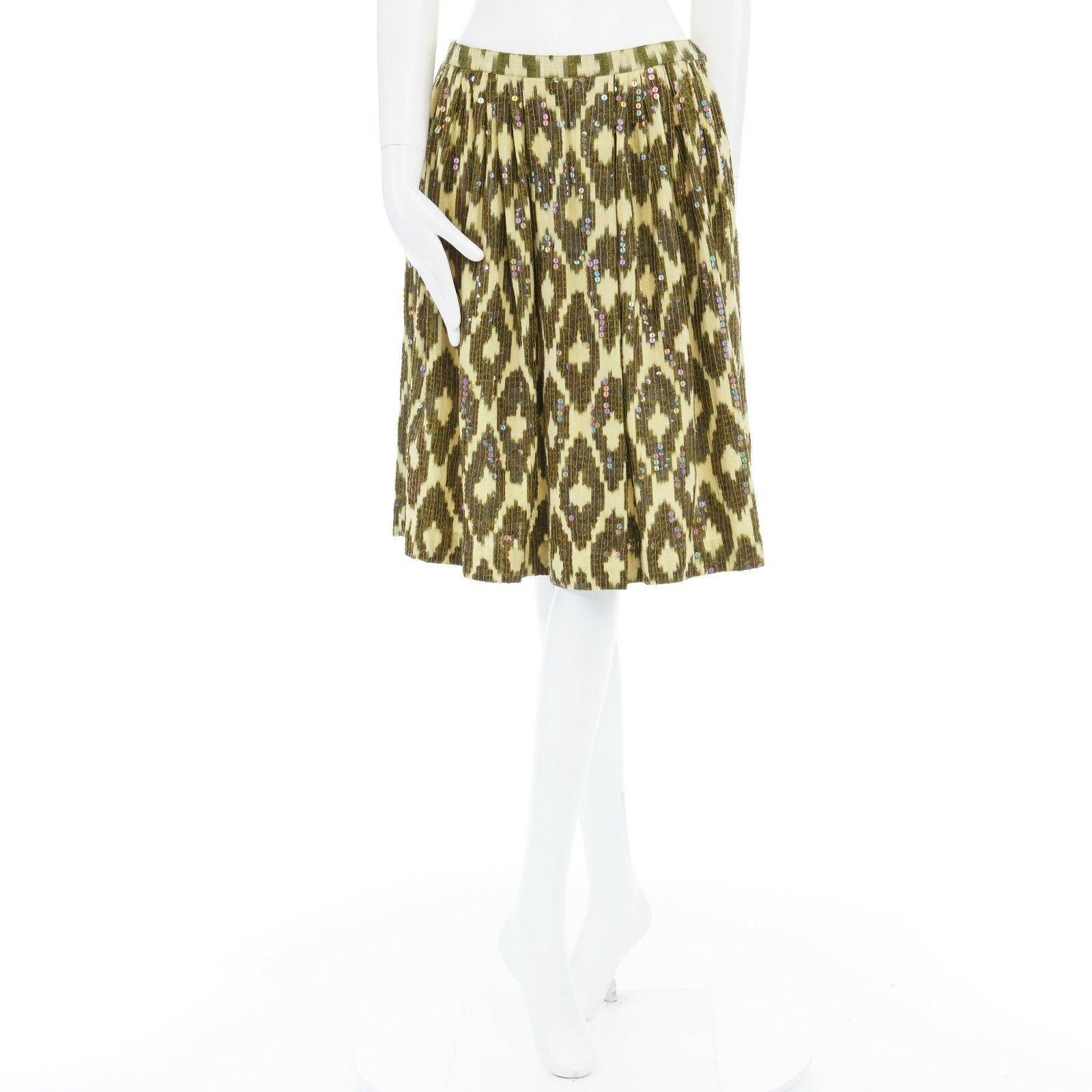 ASHISH yellow abstract leopard sport iridescent sequin embellished skirt S
Reference: CAWG/A00104
Brand: Ashish
Color: Yellow
Pattern: Leopard
Closure: Zip 
Extra Detail: Feels like linen. Canary yellow base with khaki green leopard spots. Clear