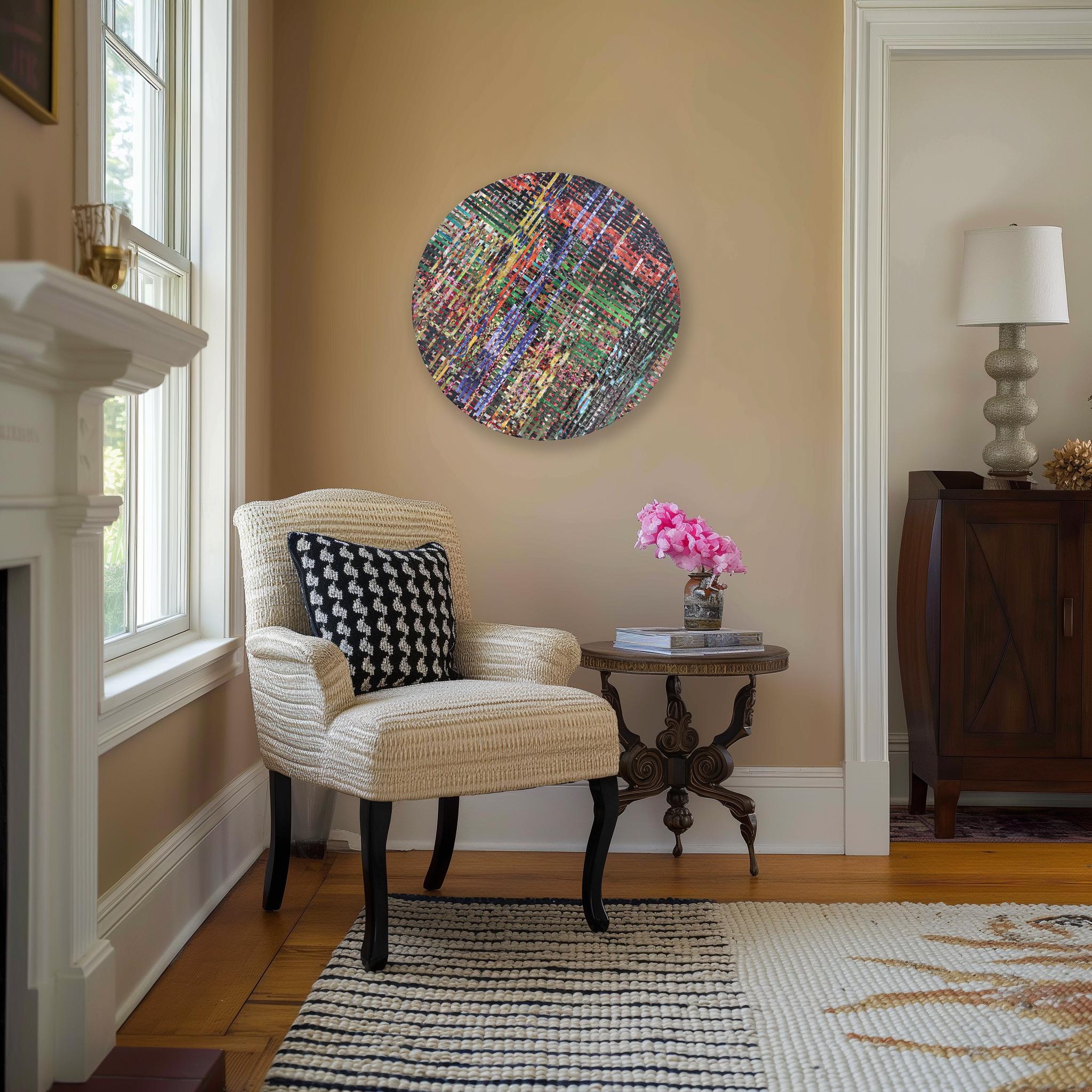 Birds of Paradise Lost - Round Abstract Colorful Mixed Media Artwork on Wood - Painting by Ashleigh Sumner