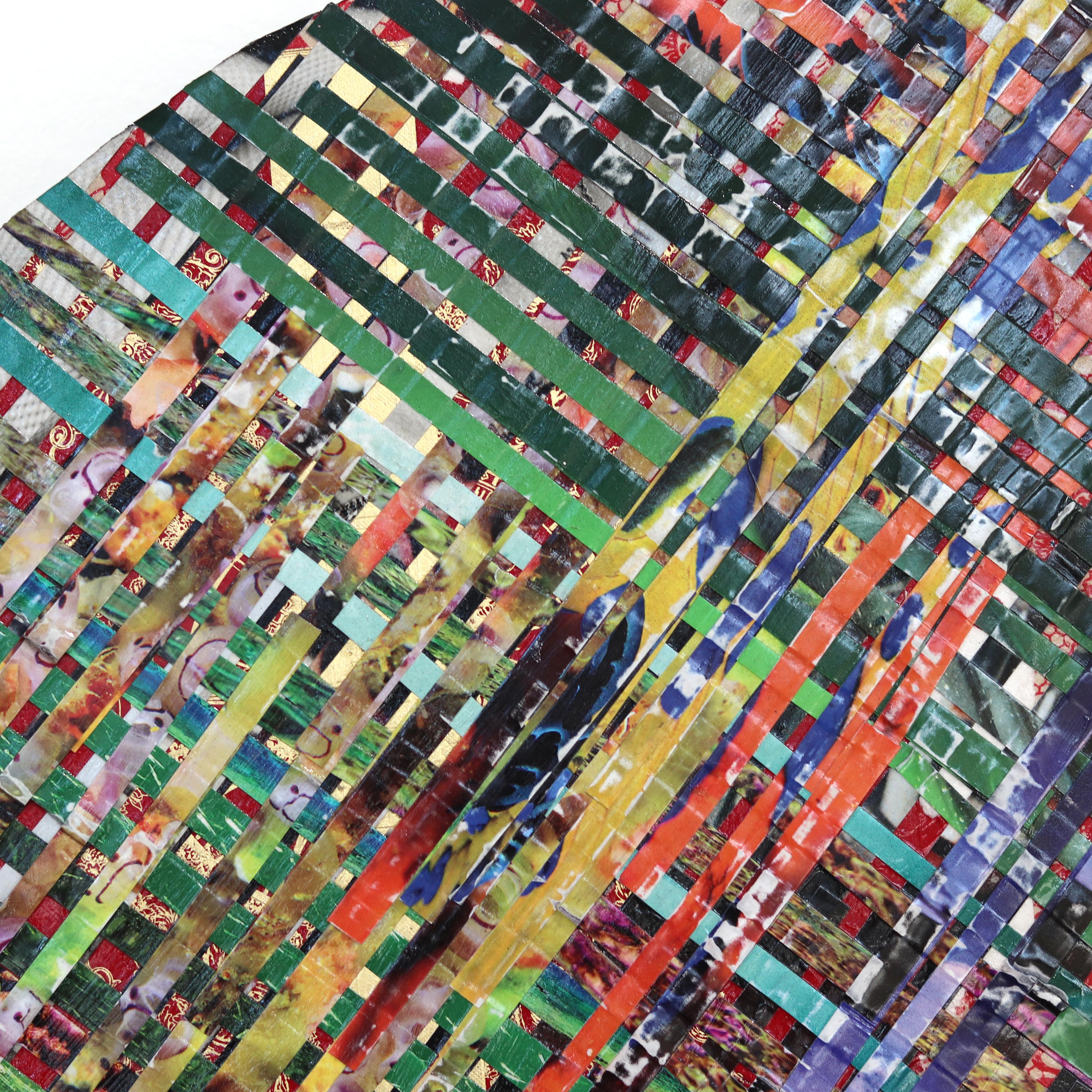 Birds of Paradise Lost - Round Abstract Colorful Mixed Media Artwork on Wood - Contemporary Painting by Ashleigh Sumner