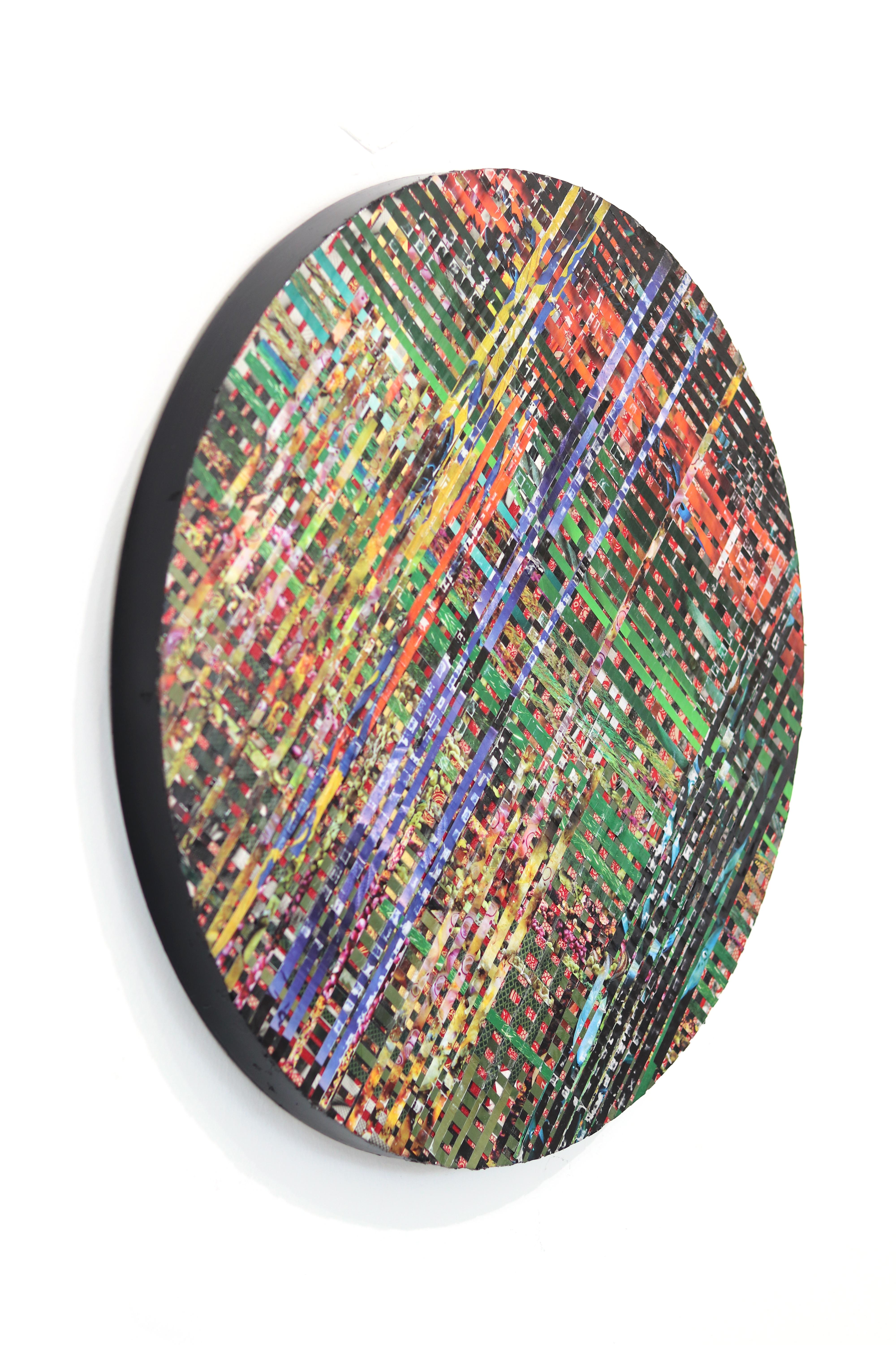 Birds of Paradise Lost - Round Abstract Colorful Mixed Media Artwork on Wood - Gray Abstract Painting by Ashleigh Sumner