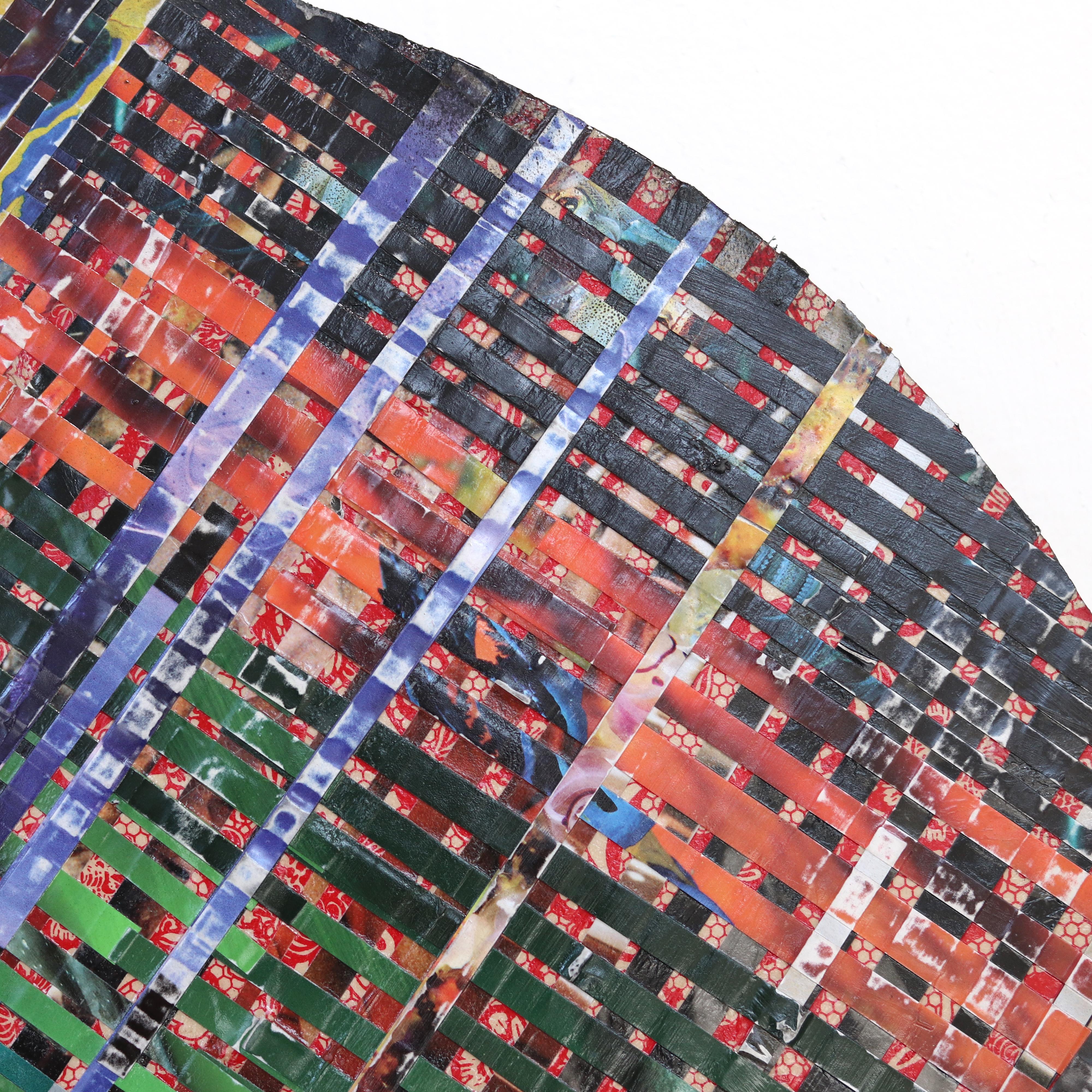 Ashleigh Sumner is a contemporary painter based in Oakland, California whose work draws from the discarded materials of urban life—shopping bags, street posters, and fragments of advertising ephemera—transforming them into layered visual narratives