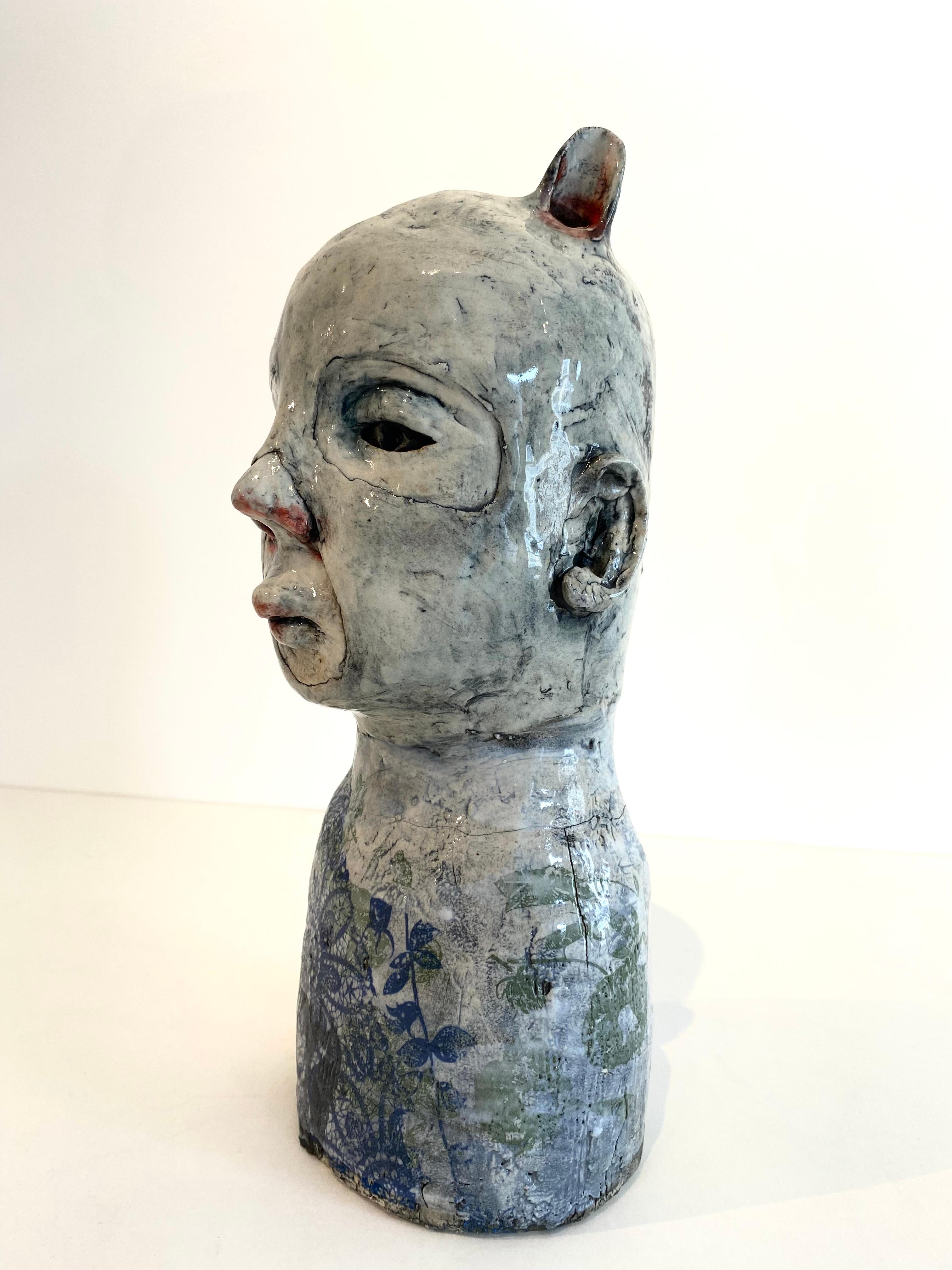Ceramic Bunny Person: 'He wore it so no one would see him' - Sculpture by Ashley Benton