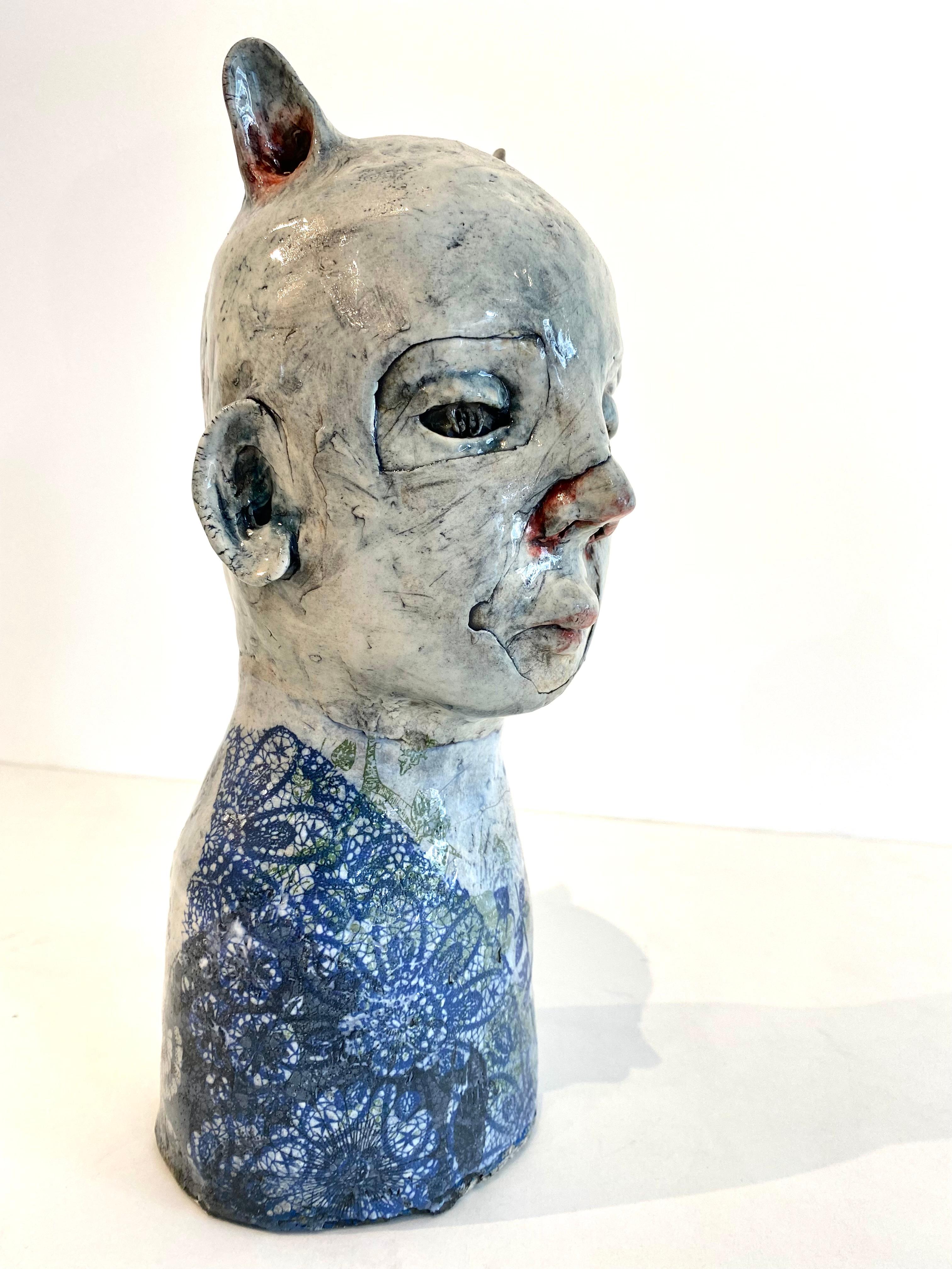 Ashley Benton Figurative Sculpture - Ceramic Bunny Person: 'He wore it so no one would see him'
