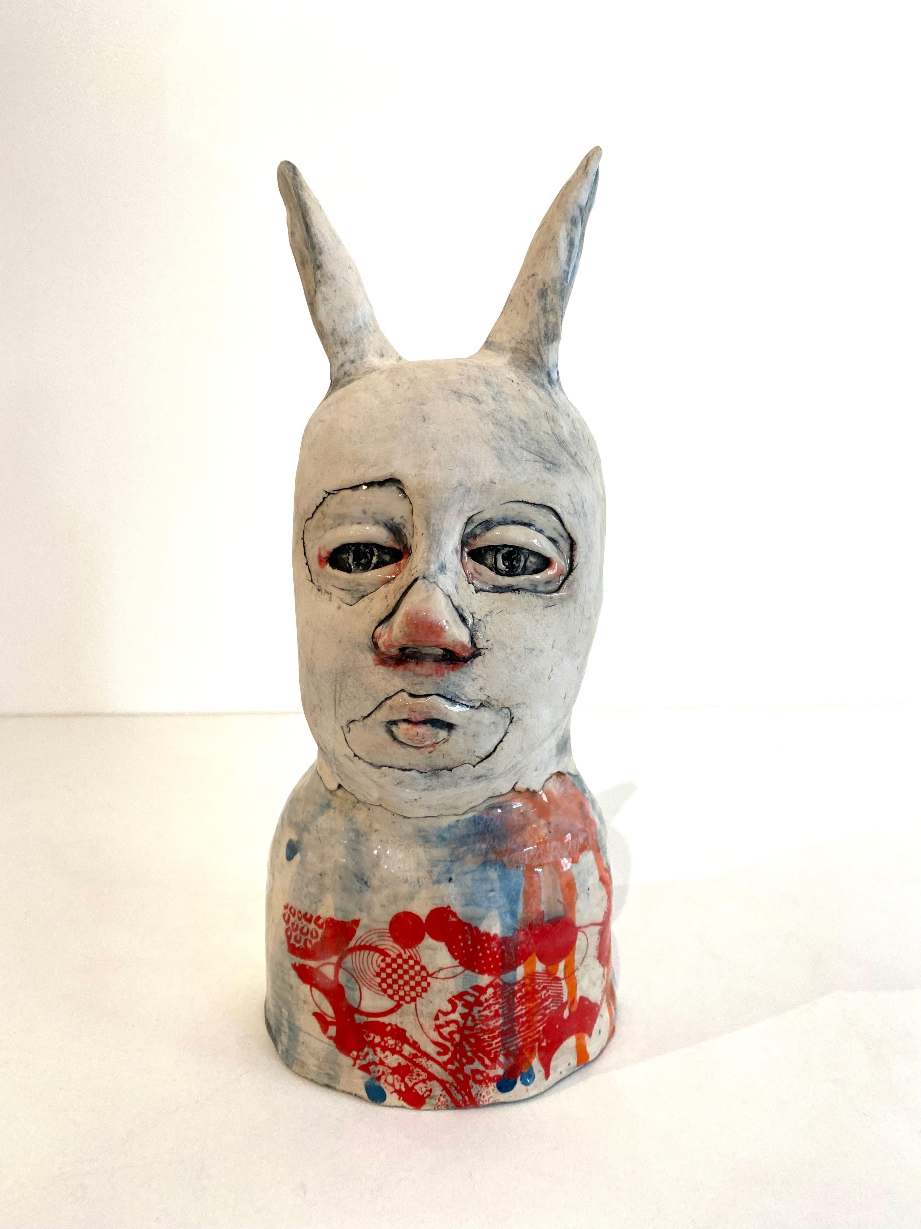 Ashley Benton Figurative Sculpture - Ceramic Bunny Person: 'He’s love and light and all things bright and dark'