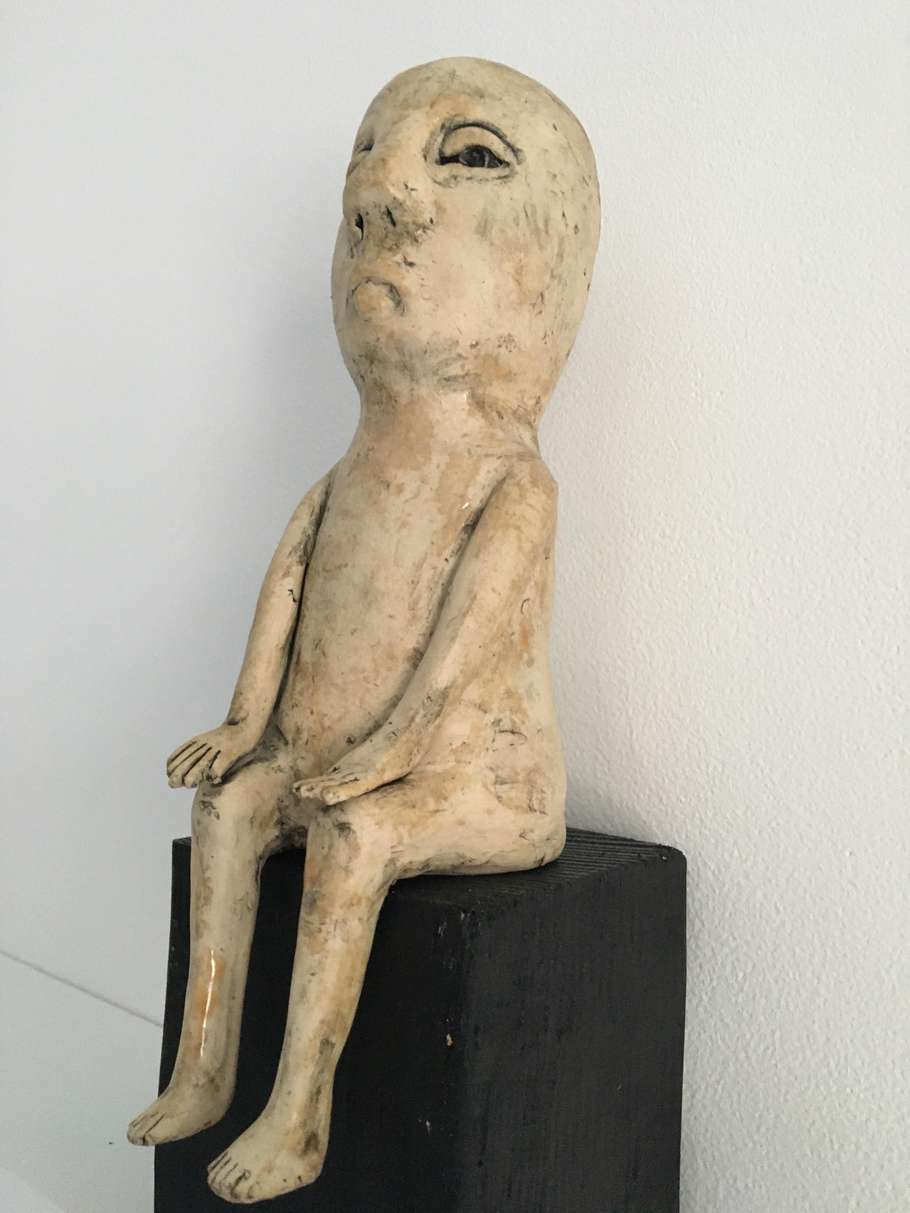 Ceramic figure on wood block: 'Enough of this' - Contemporary Sculpture by Ashley Benton