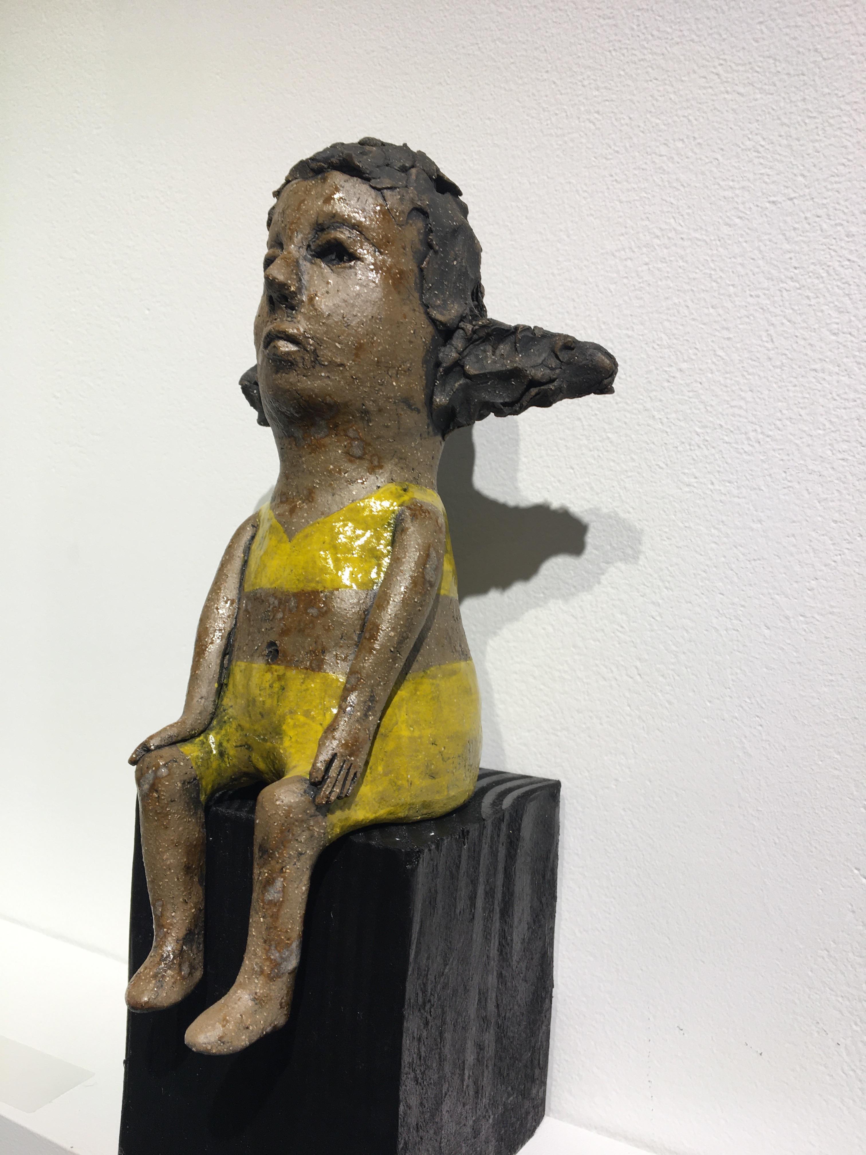 Ceramic figure on wood block: 'Hush up and hold me tight' - Sculpture by Ashley Benton