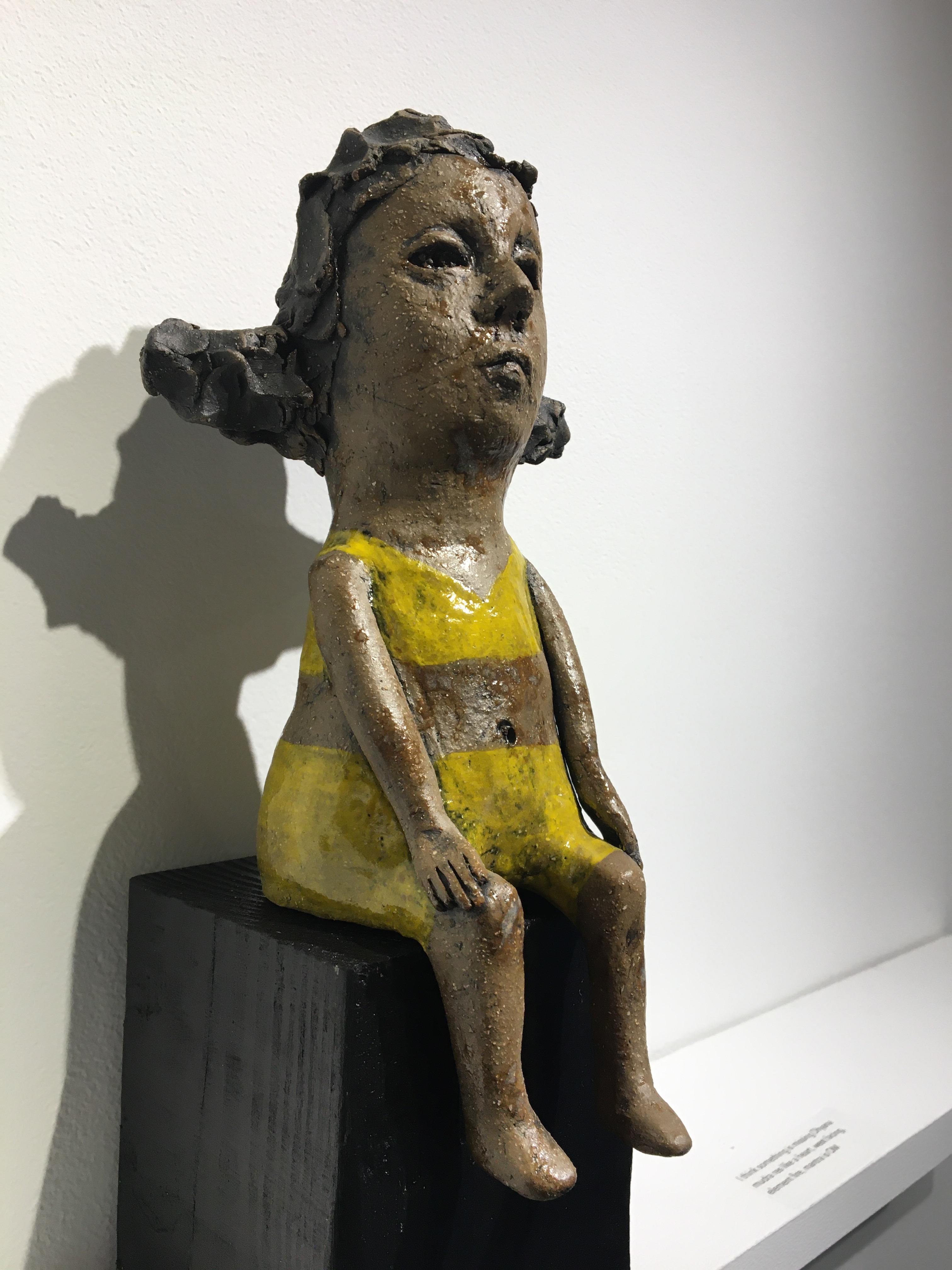 Ceramic figure on wood block: 'Hush up and hold me tight' - Contemporary Sculpture by Ashley Benton