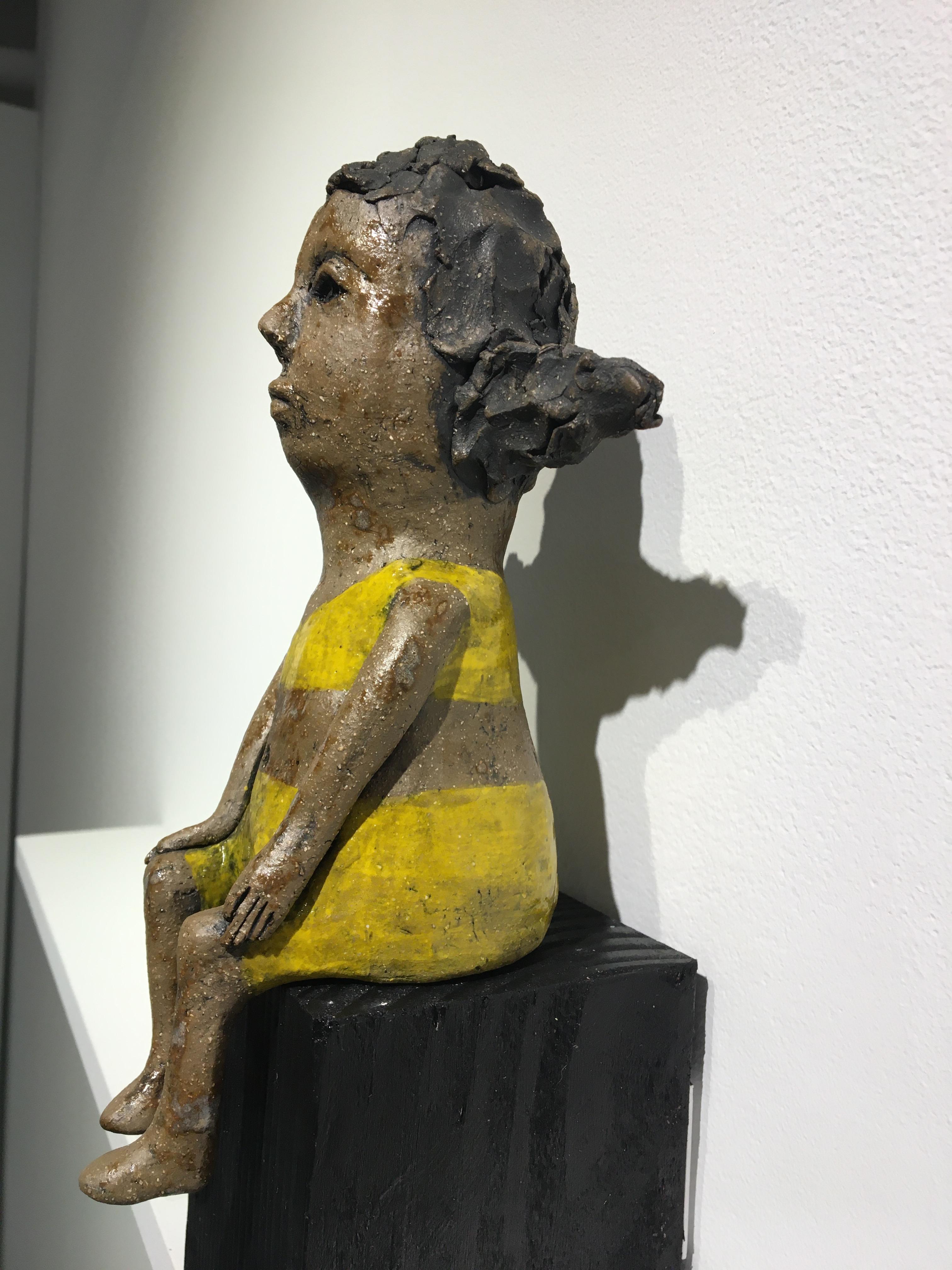 Ceramic figure on wood block: 'Hush up and hold me tight' - Brown Figurative Sculpture by Ashley Benton