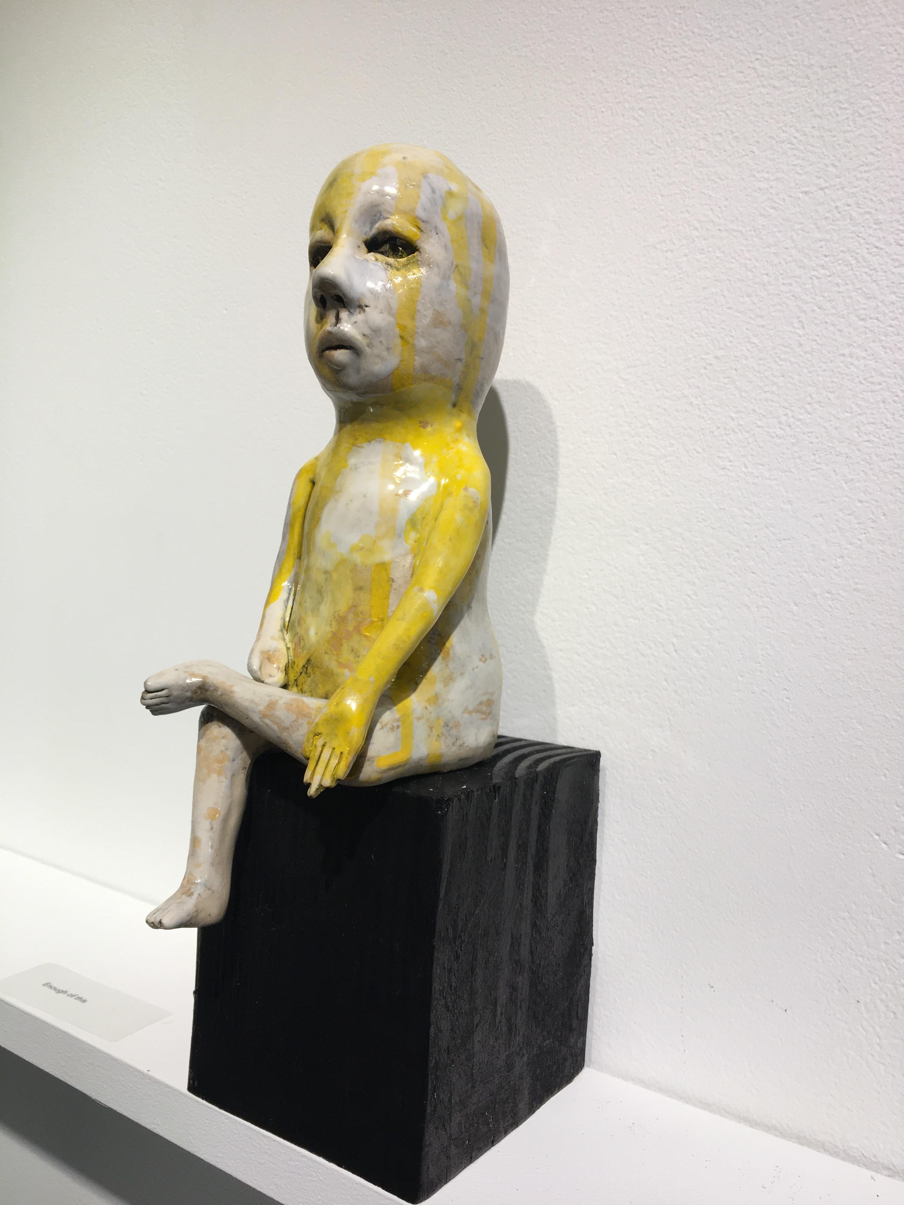 Ceramic figure on wood block: 'Varada mudra boy' - Sculpture by Ashley Benton