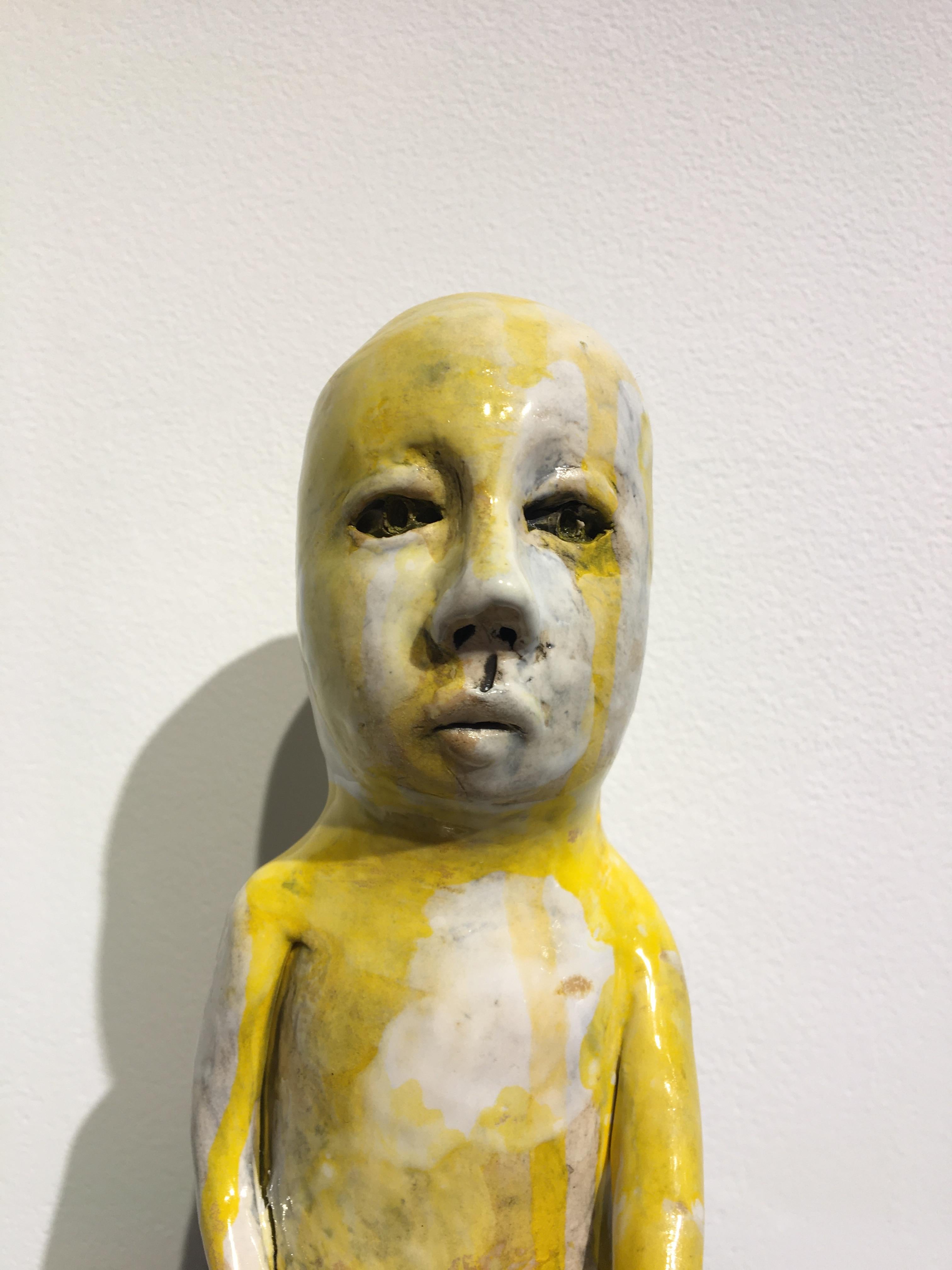 Ceramic figure on wood block: 'Varada mudra boy' - Contemporary Sculpture by Ashley Benton