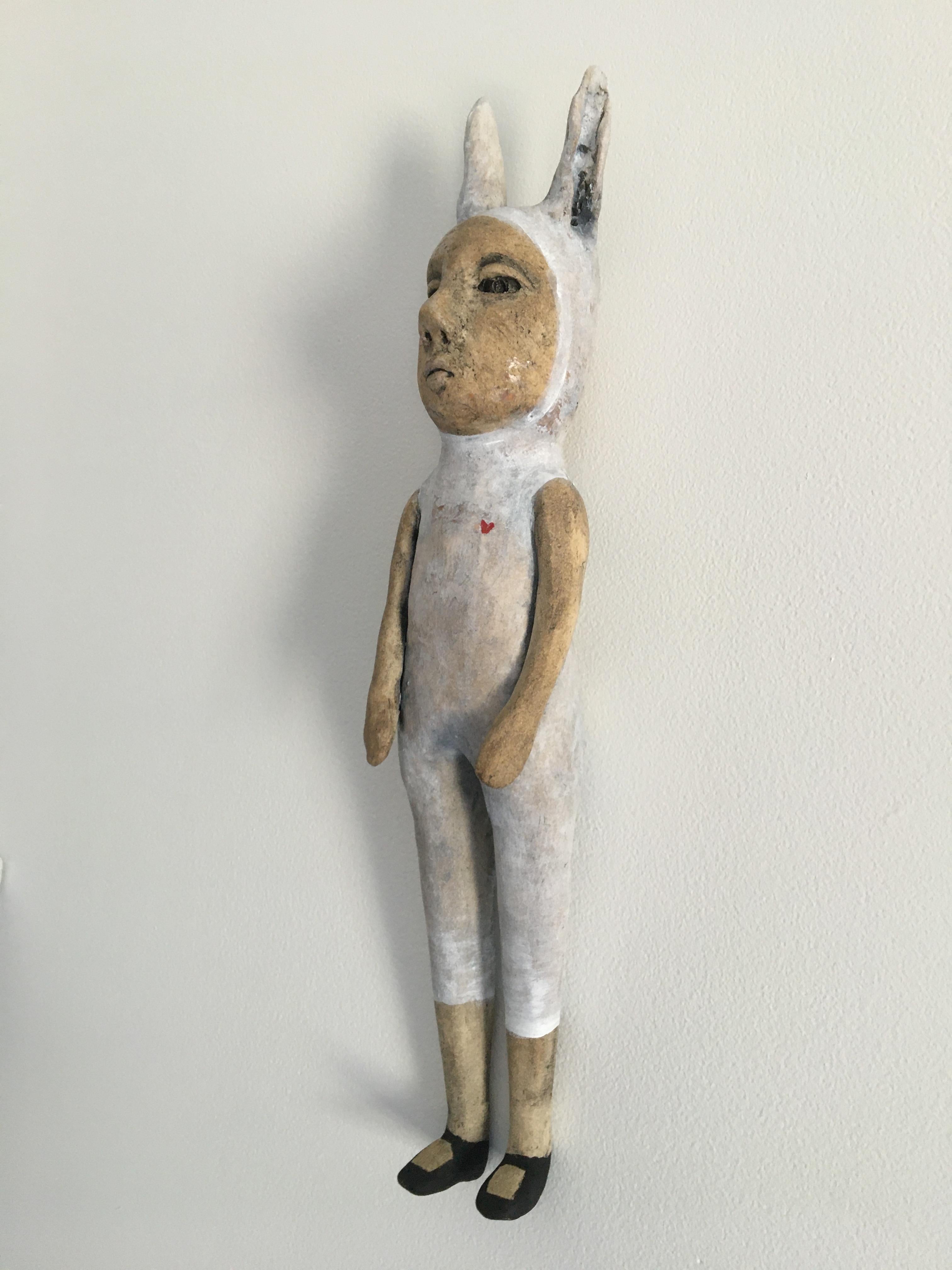Ceramic hanging wall sculpture: 'All we need is love' - Beige Figurative Sculpture by Ashley Benton