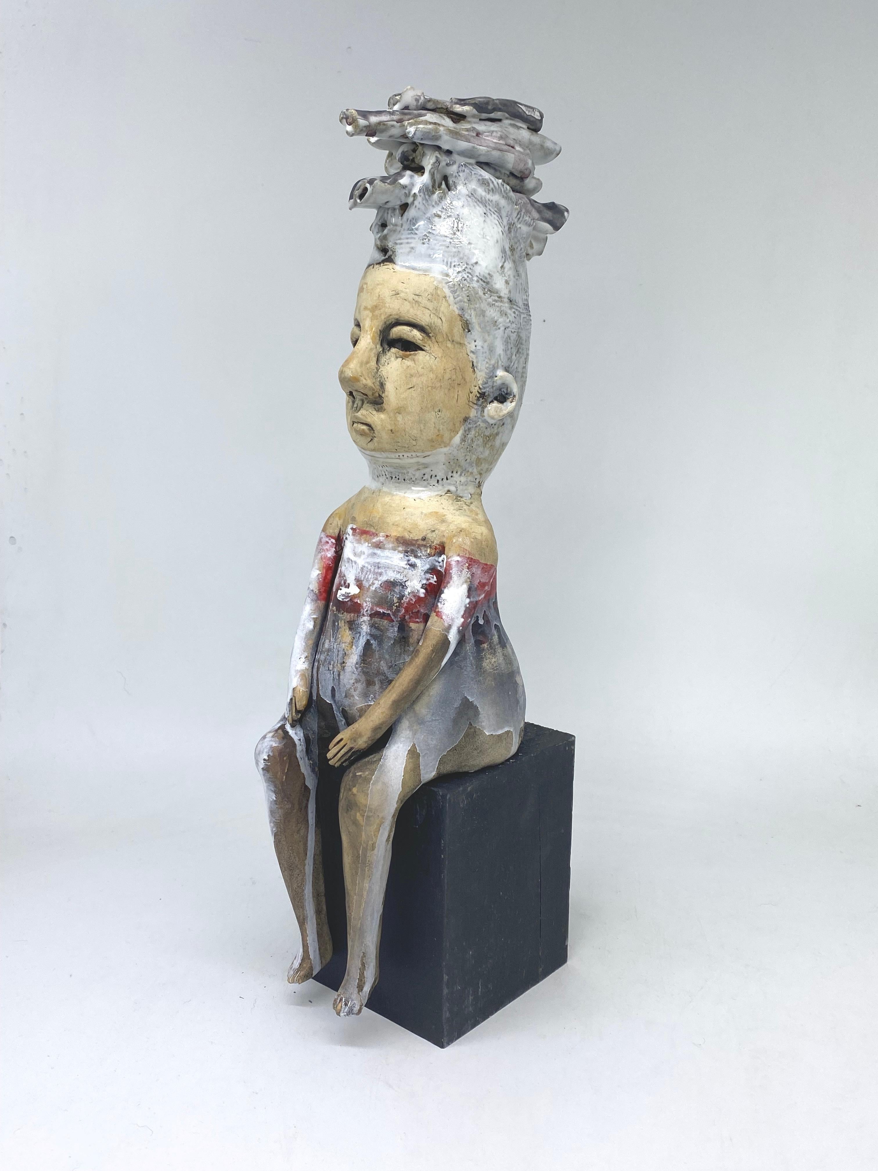 Ceramic seated figure: 'Sitting with the fire'  - Sculpture by Ashley Benton