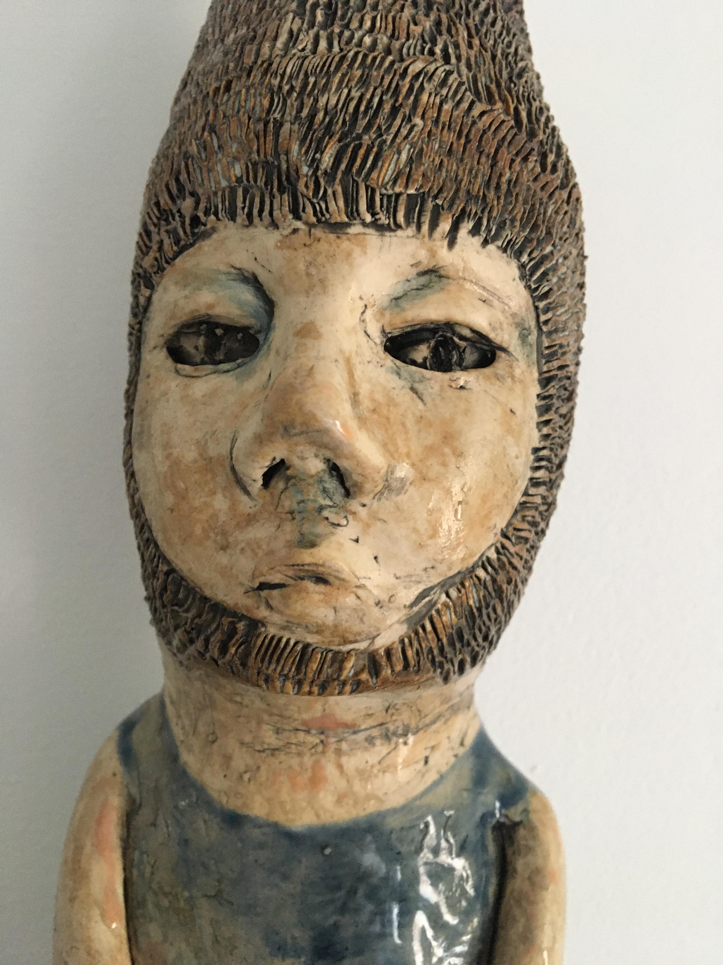 Ceramic woman on wood block: 'My lower self ain’t pretty' - Contemporary Sculpture by Ashley Benton