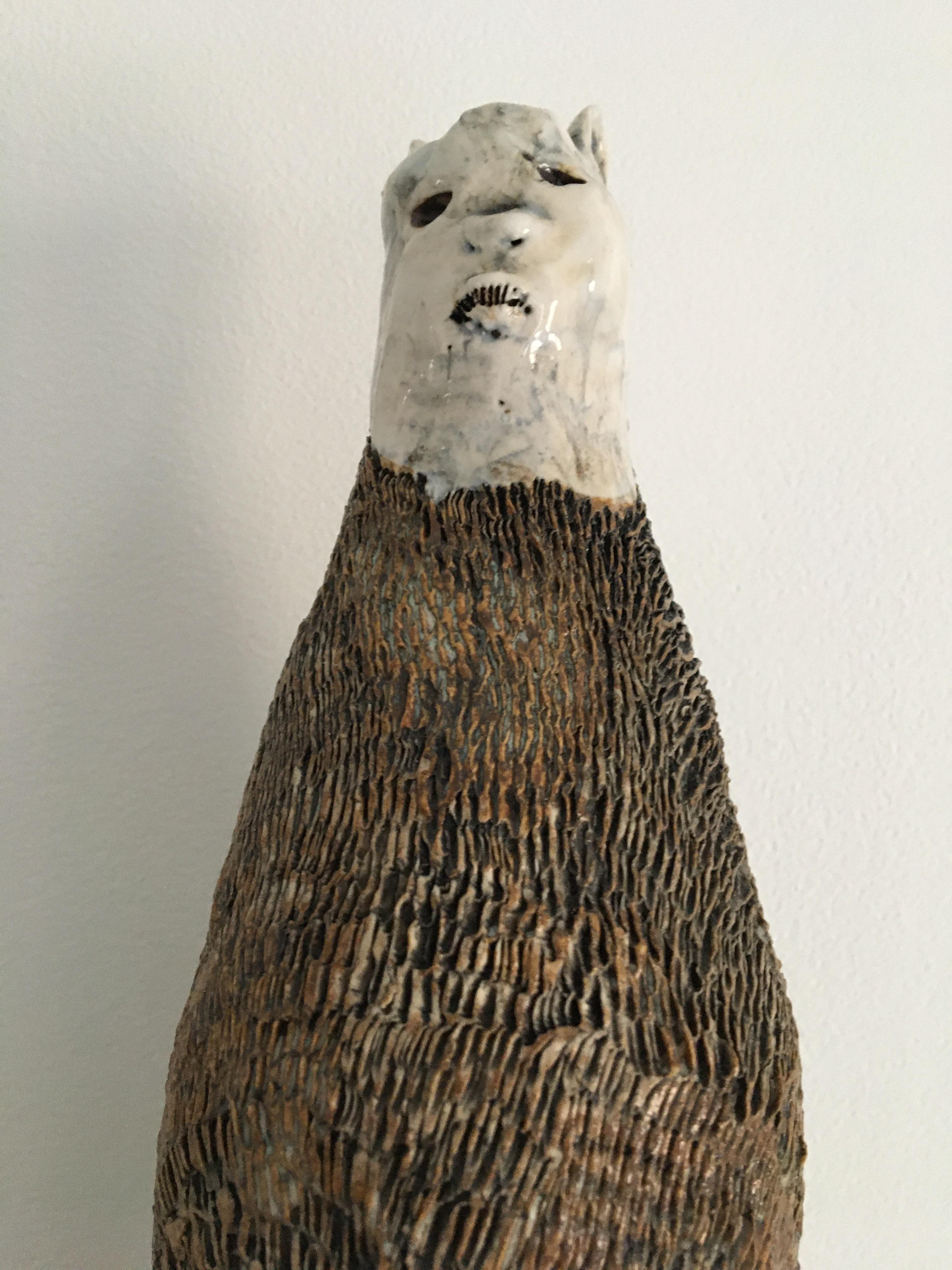 Ceramic woman on wood block: 'My lower self ain’t pretty' - Gray Figurative Sculpture by Ashley Benton