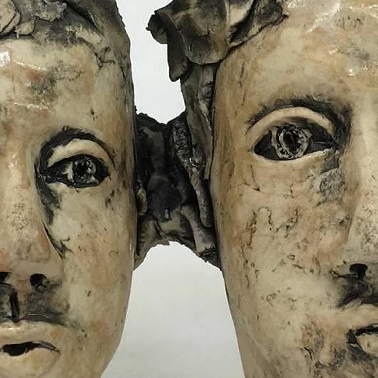 Ceramic Sculpture, Two connected heads: 'Cosmic Connection' - Gray Figurative Sculpture by Ashley Benton