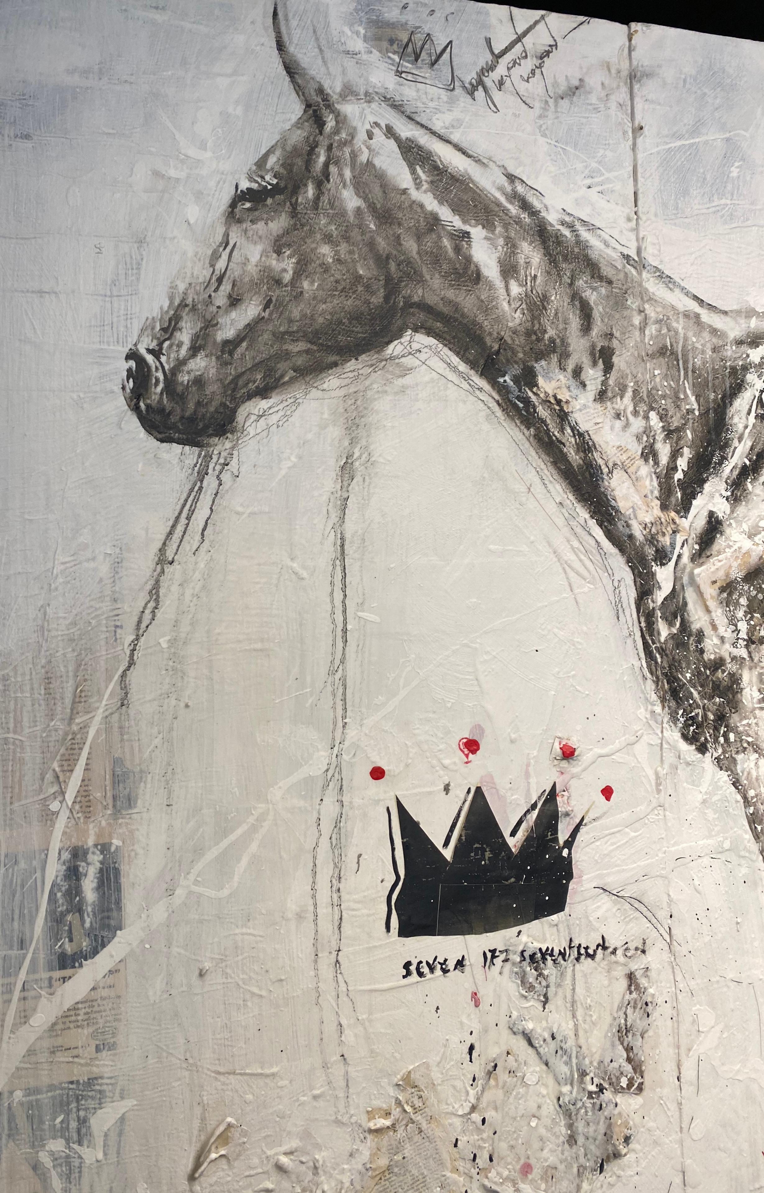 This en-caustic painting in black and white by renowned painter Ashley Collins is an excellent example of her stylized horses. Collins carefully selects pages from books, newspapers, and musical pages and adds layers of antique objects. 
Ashley